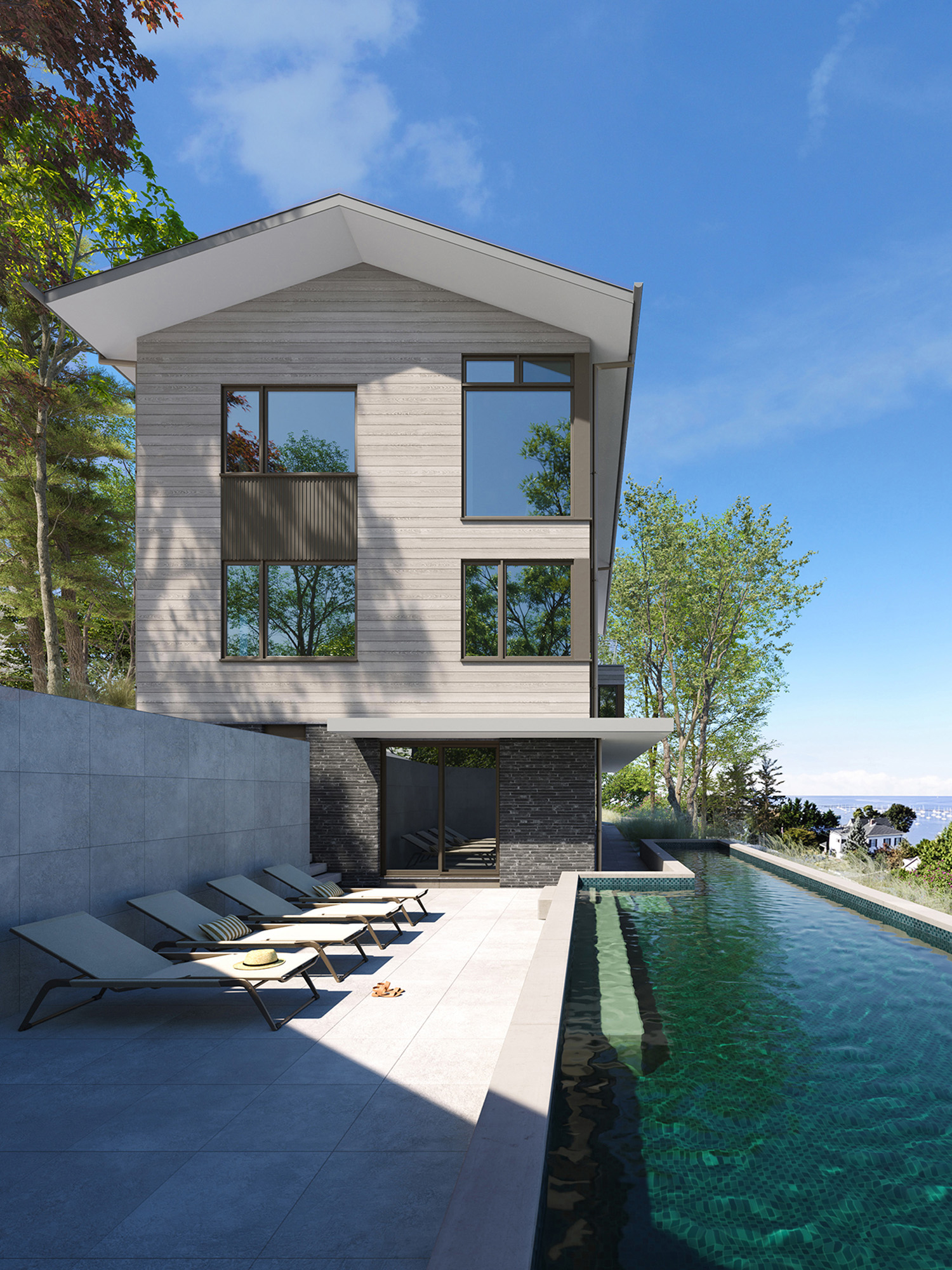 Architectural render of the Two Hill residence east facade, featuring a stone-clad base, light horizontal wood siding, and a dramatic infinity-edge pool and patio in the foreground.