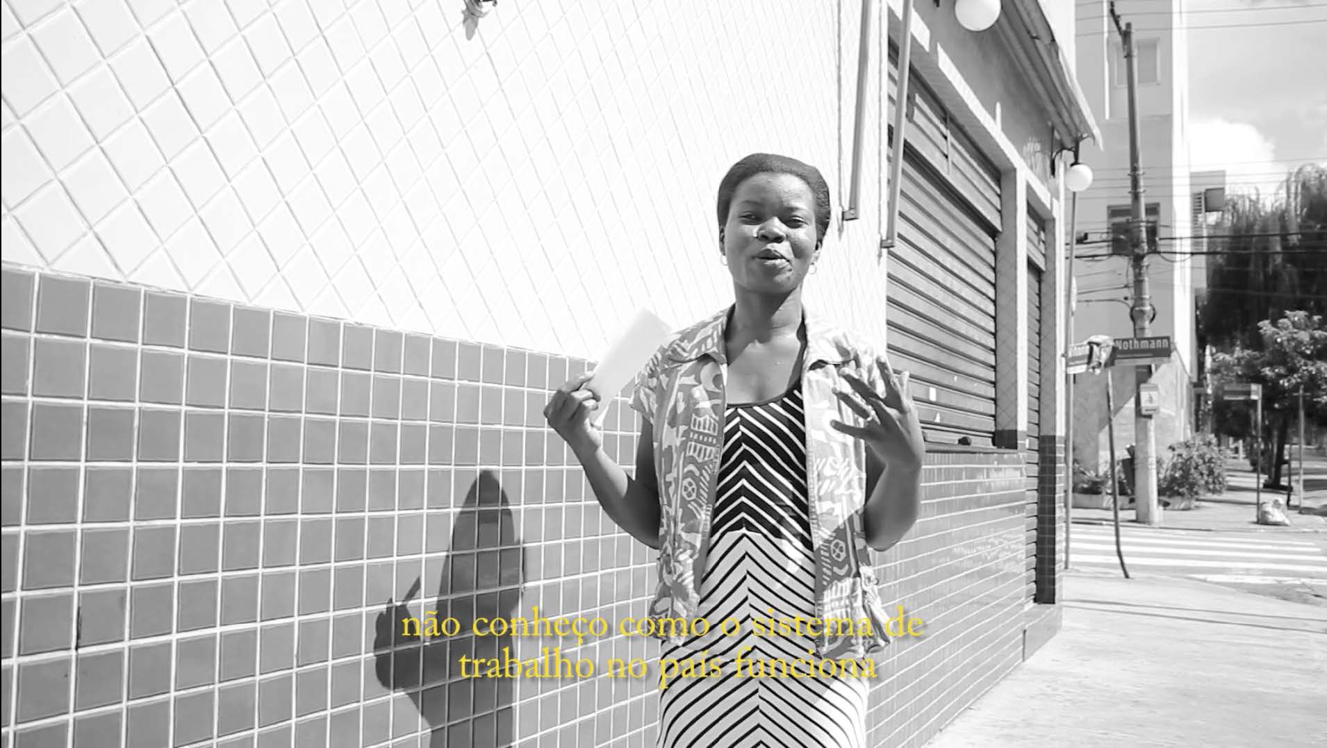 Still of Ana Hupe Women of the fourth world, 2017. Channel 2, 15'30", B/W, Full Hd, audio. Courtesy of the artist. Caption reads: “não conheço como o sistema de trabalho do país funciona” [I don't know how the country's work system works]