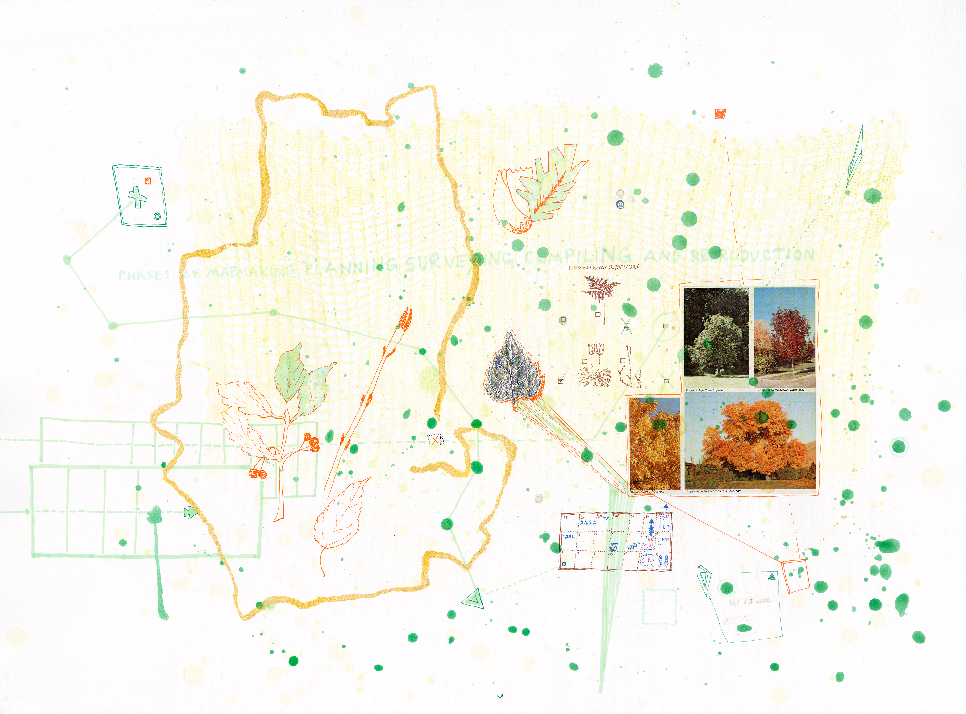 Drawing 43/56 from 56 days at the Dome House 22.5 x 30 inches, ink, Chine-collé, etching and stamps on Arches 88 paper - BUY