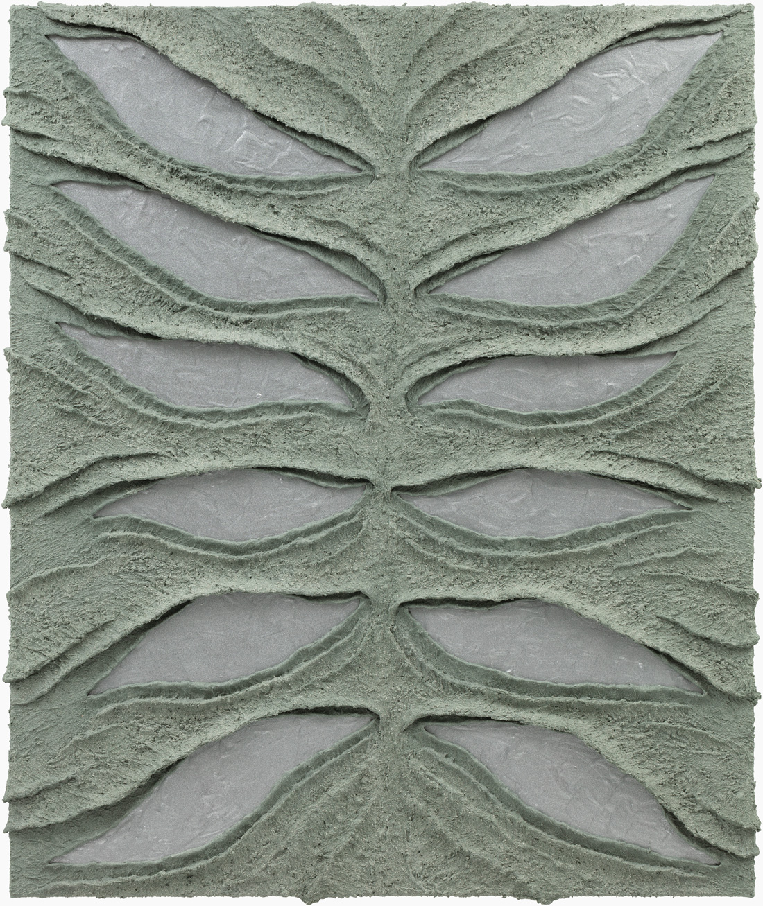 Six pairs of hollow eyes, 2025, Acrylic, aluminium powder, marble powder, pigment on linen, 120x100x5cm