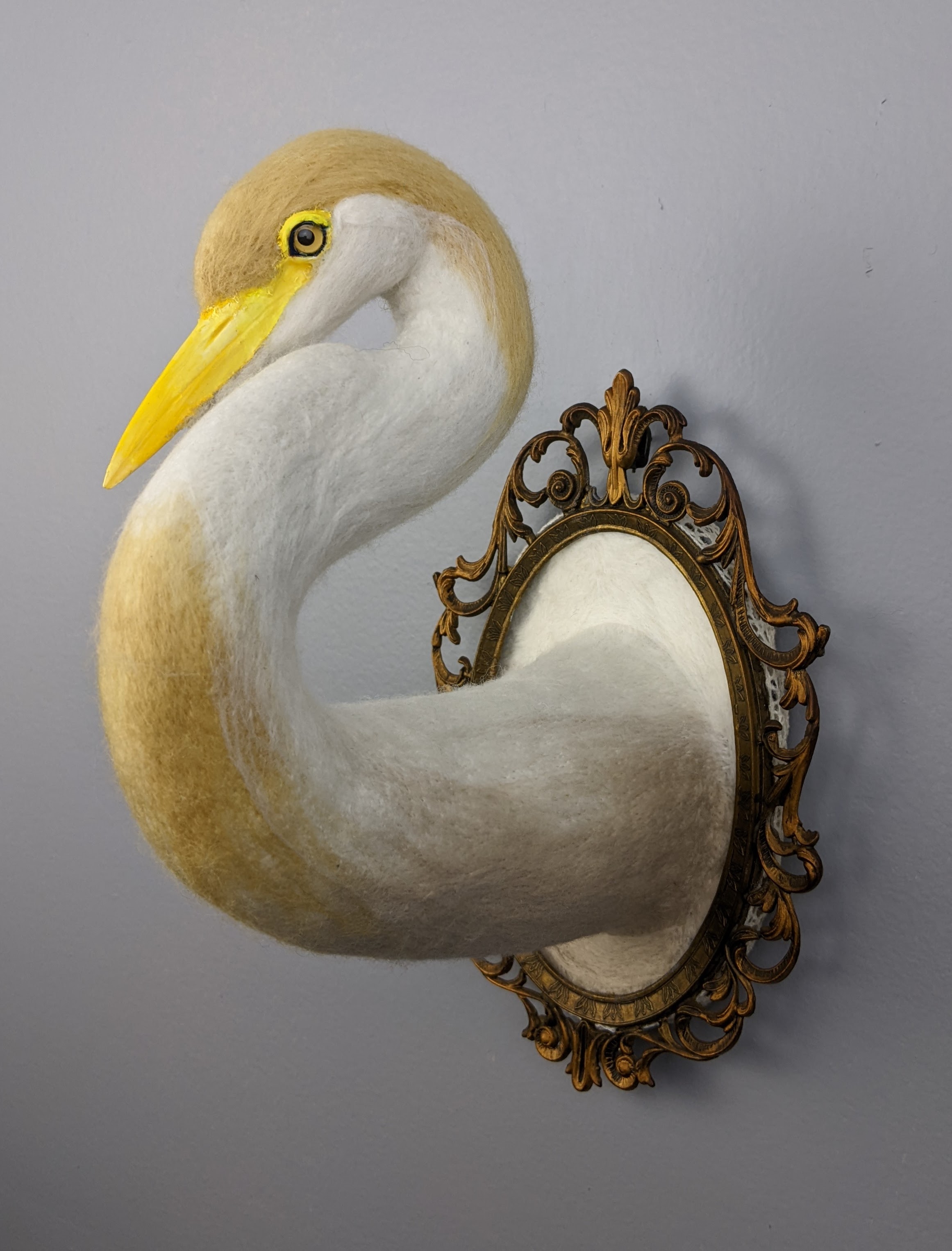 Cattle EgretNeedle felted wool faux taxidermy5"x8"x7"2023Contact Camp Martini to Purchase