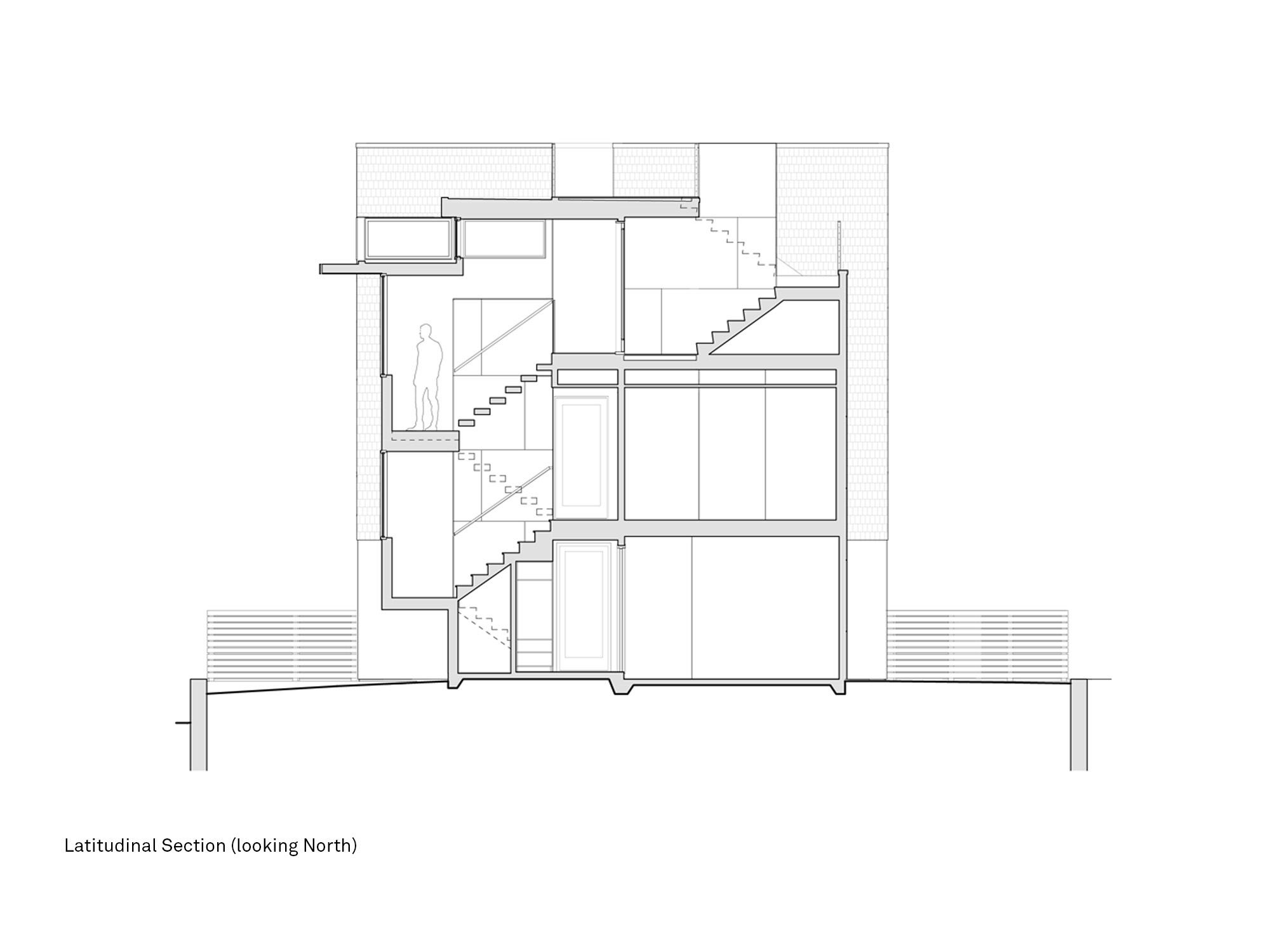 Architectural latitudinal section of the Gap House, detailing the central stair and elevator core, and illustrating the relationship between the three main floor levels.
