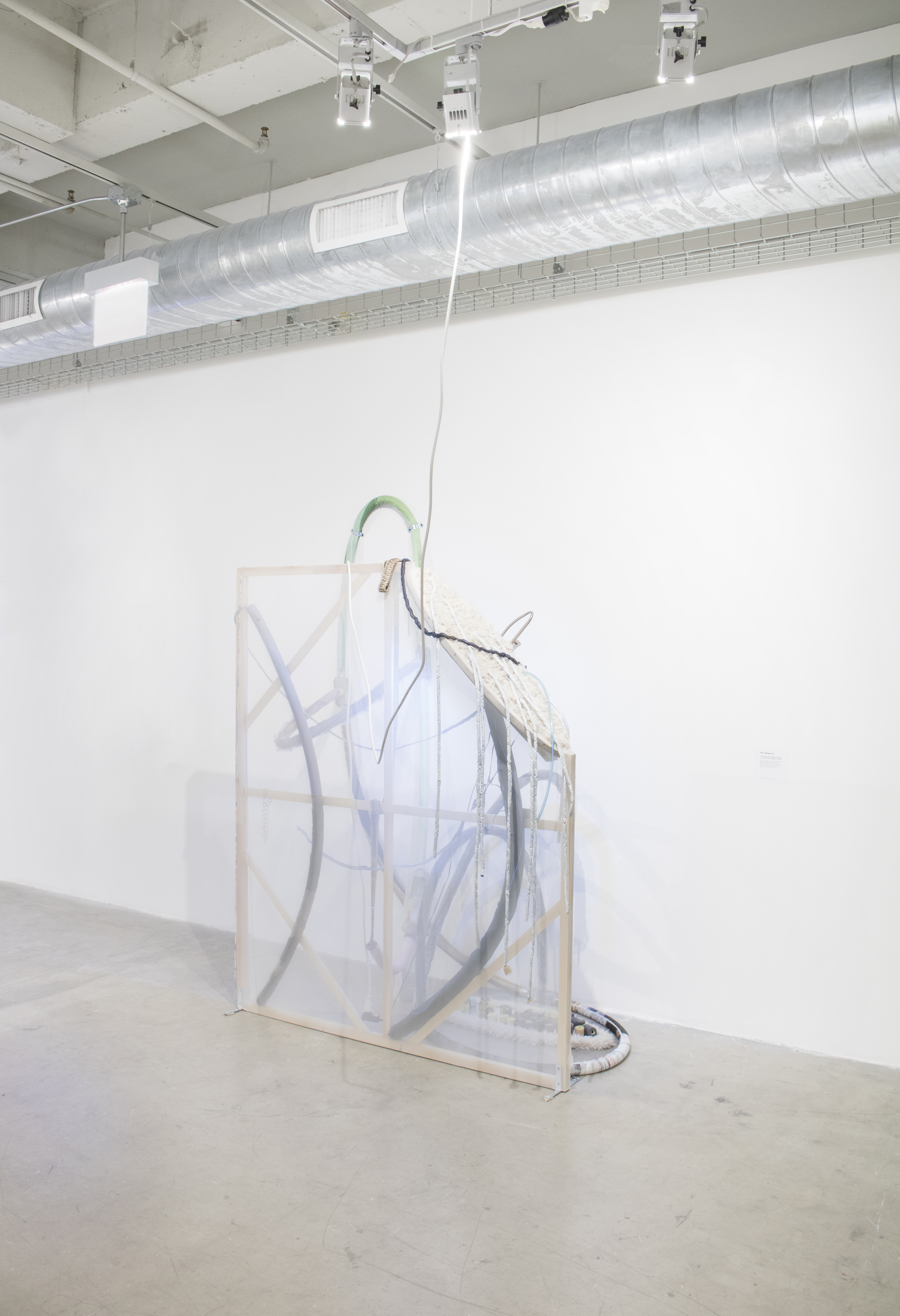 Anaclitic. laser print on fabric, acrylic, chain, plastic tube, yarn, fabric, mesh, LED light rope, mirror, inkjet print on paper, LED light, string, steel rod, sponge rubber, 60 x 72 in. 2018