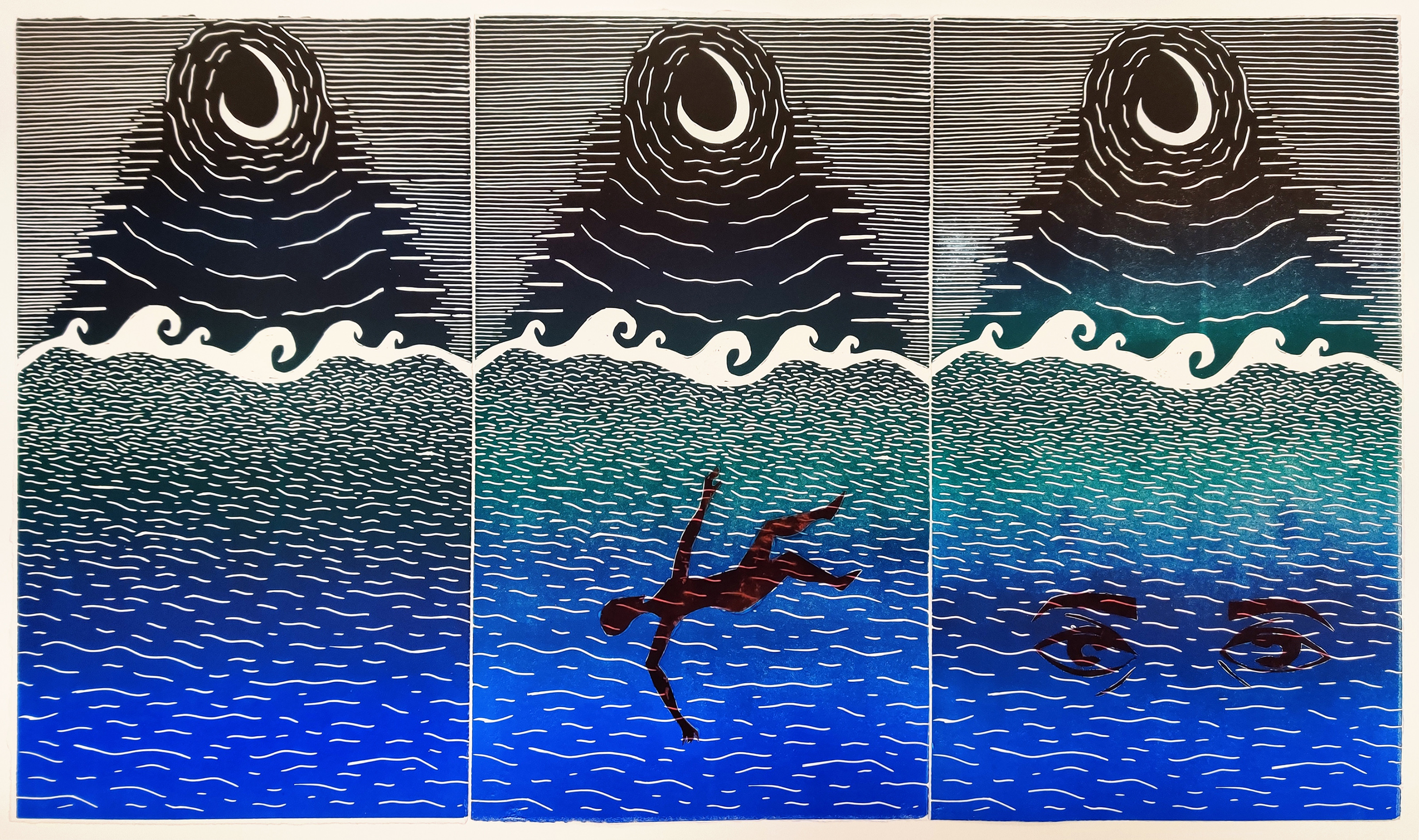 Middle Passage | Linocuts on newsprint | 36 x 21 in | 2019 | Photographed by Dara Etienne