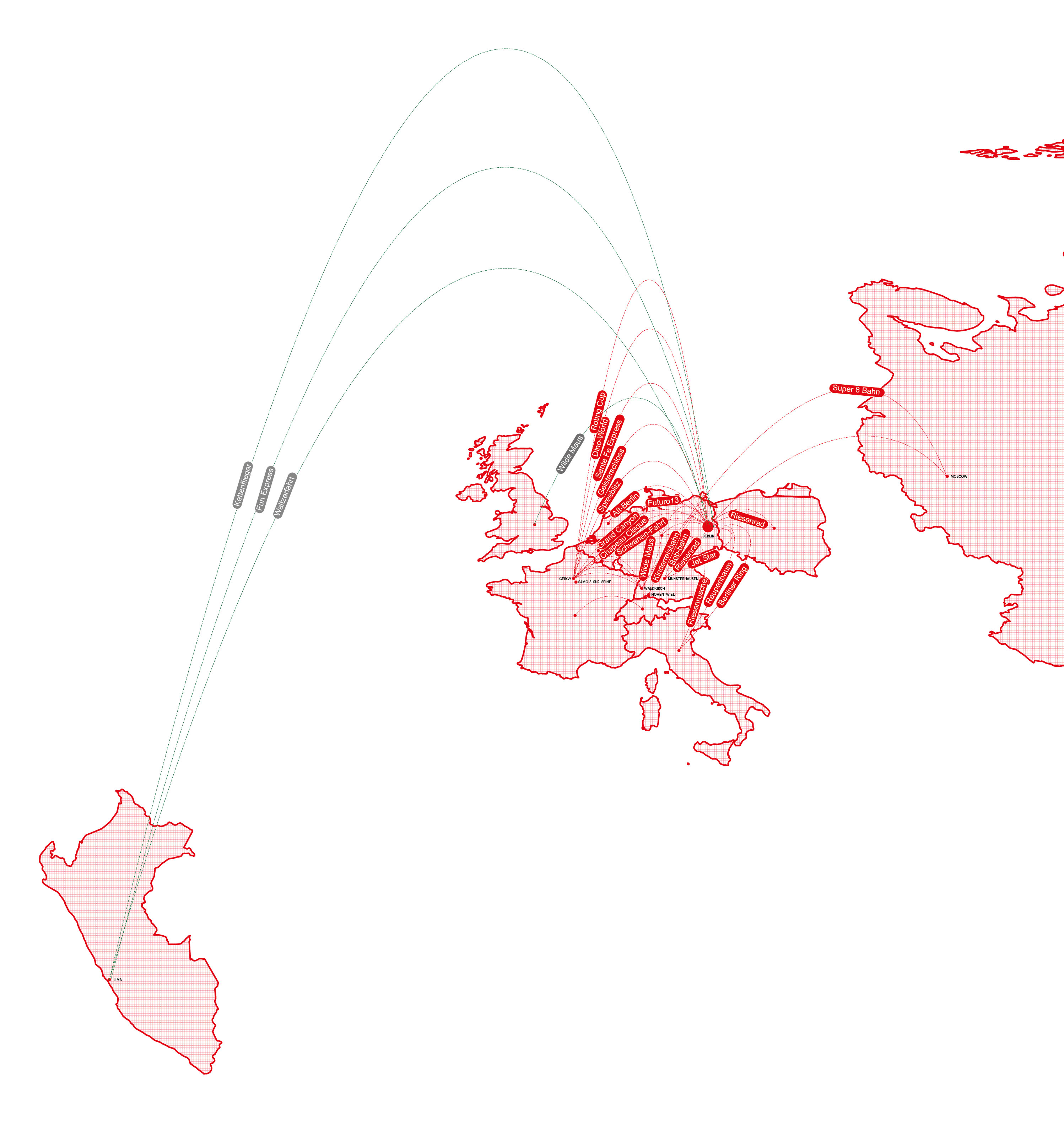 Unfinished map tracing the movements of rides and rollercoasters within Europe and across continents, to South America, 2024 Unvollständige Karte, welche die Bewegungen von Fahrgeschäftenund Achterbahnen innerhalb