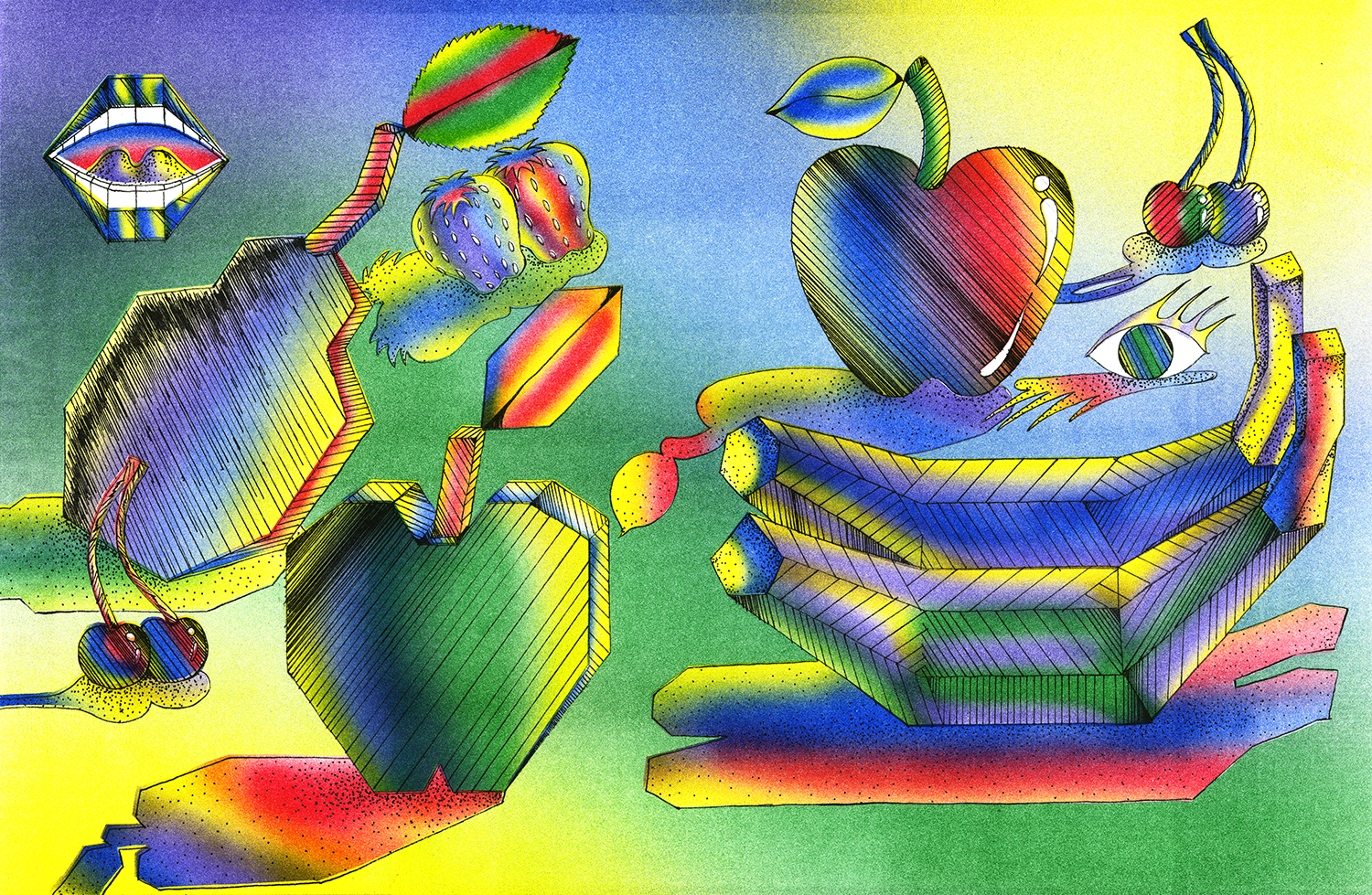 Test print, Megalith 6, 6 color Risograph, 11"x17" 2020