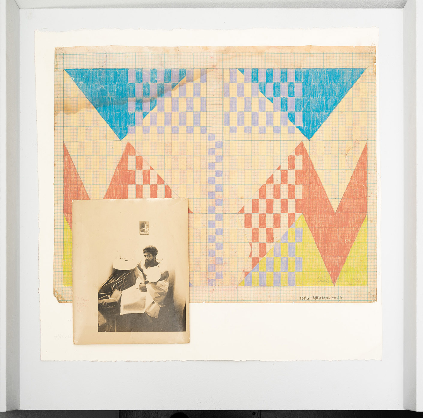 Photograph of Malcolm Mooney draped with his cutout painting, by Morris Alston, 1971. Original drawing for stage set design for the “Harlem Angel” play by Ray McCann, 1972.