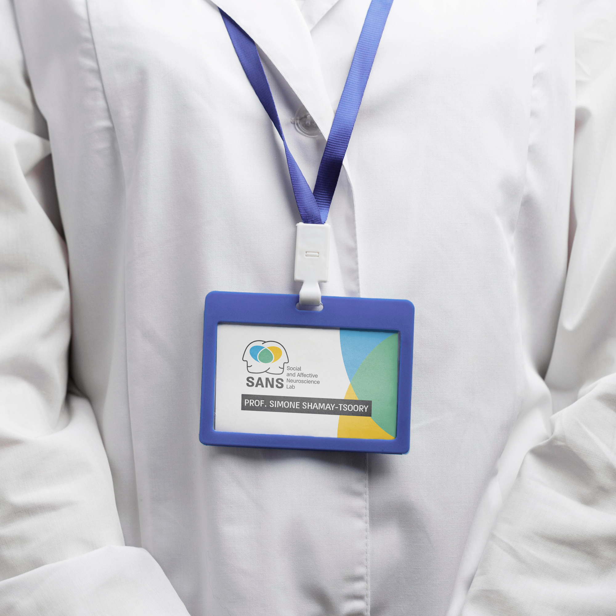 A name tag with logo