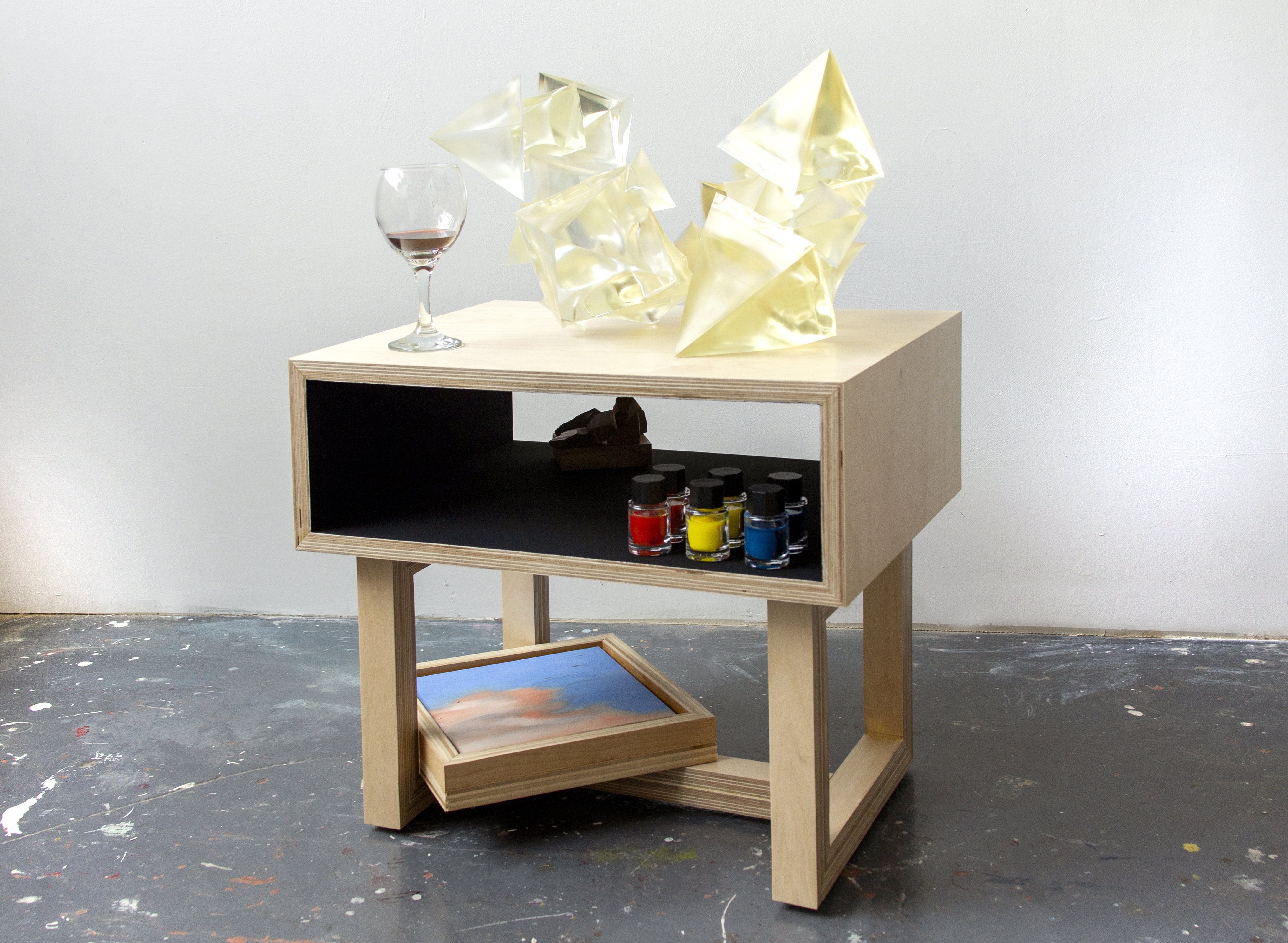 Focus for Woolgathering, 2021, 24" x 18" x 15". Oil on panel, wood, acrylic, glass, epoxy resin, plastic, pigment, tiger's eye, polyurethane