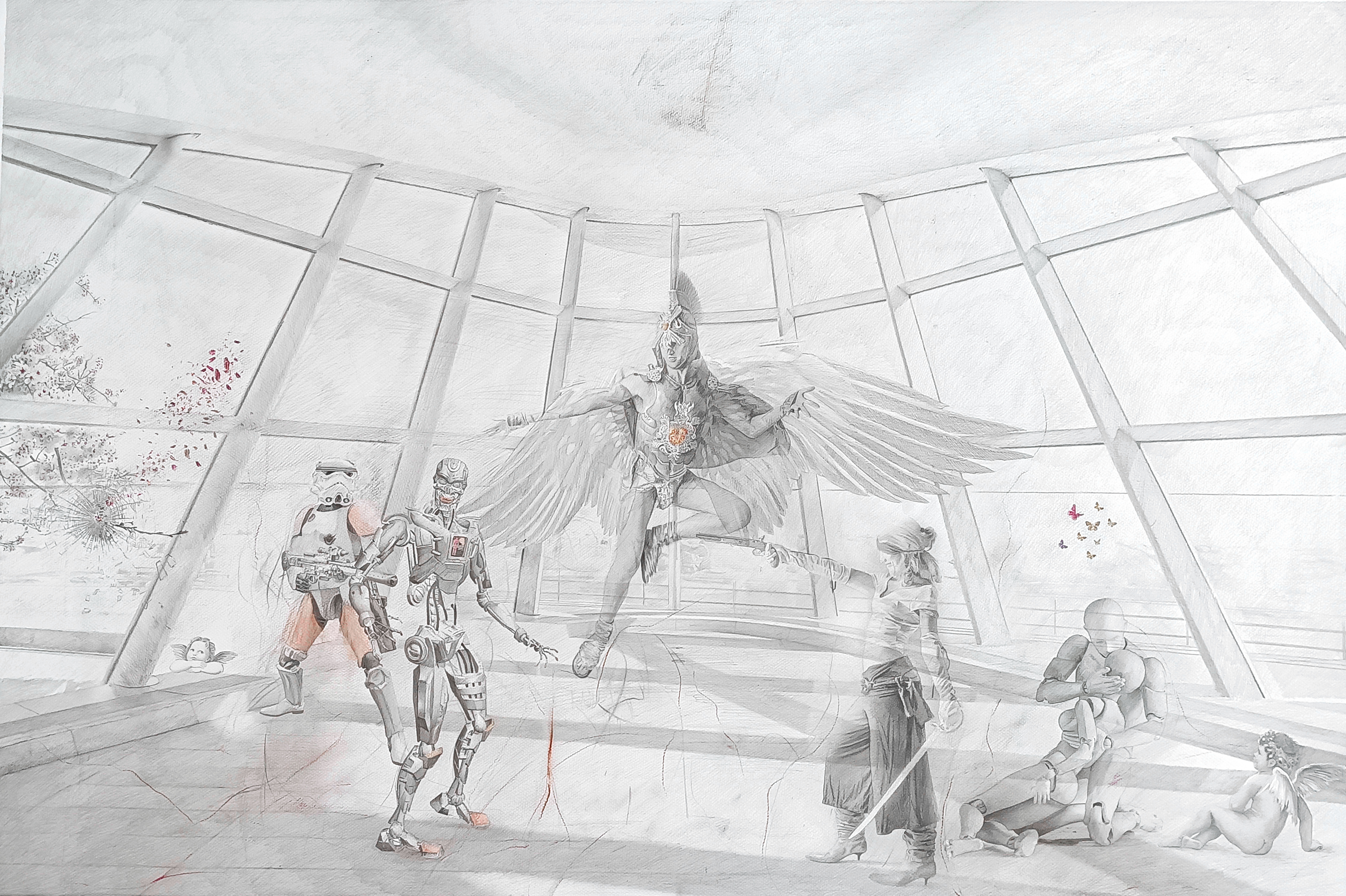Othman Taleb, Flores, Graphite, pastel, and transfer on Canson paper, 90x125cm, 2023