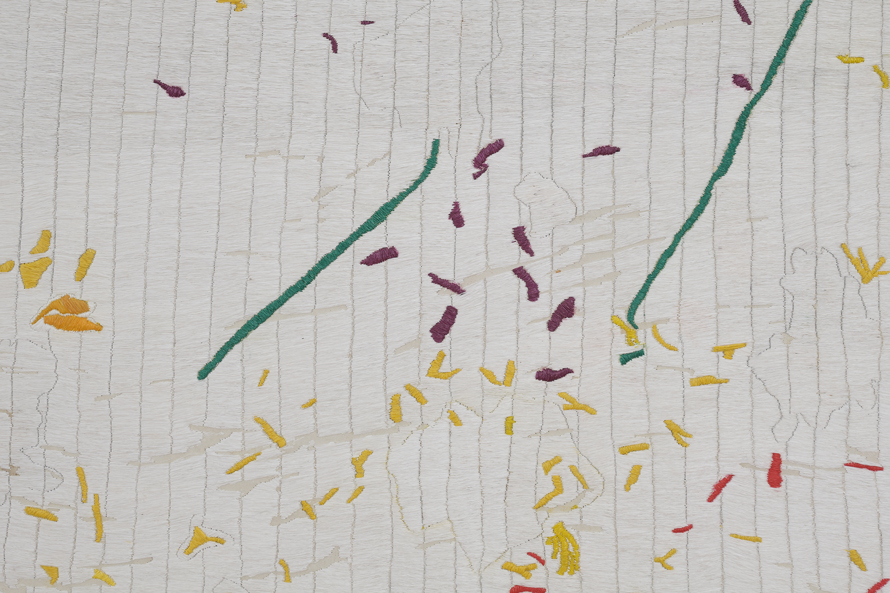 Asemahle Ntlonti, Restlessness (Ndizinze phi?) (2025) | Acrylic paint, paper, acrylic gel, and leno thread on canvas, 170 x 621 x 5 cm (detail)