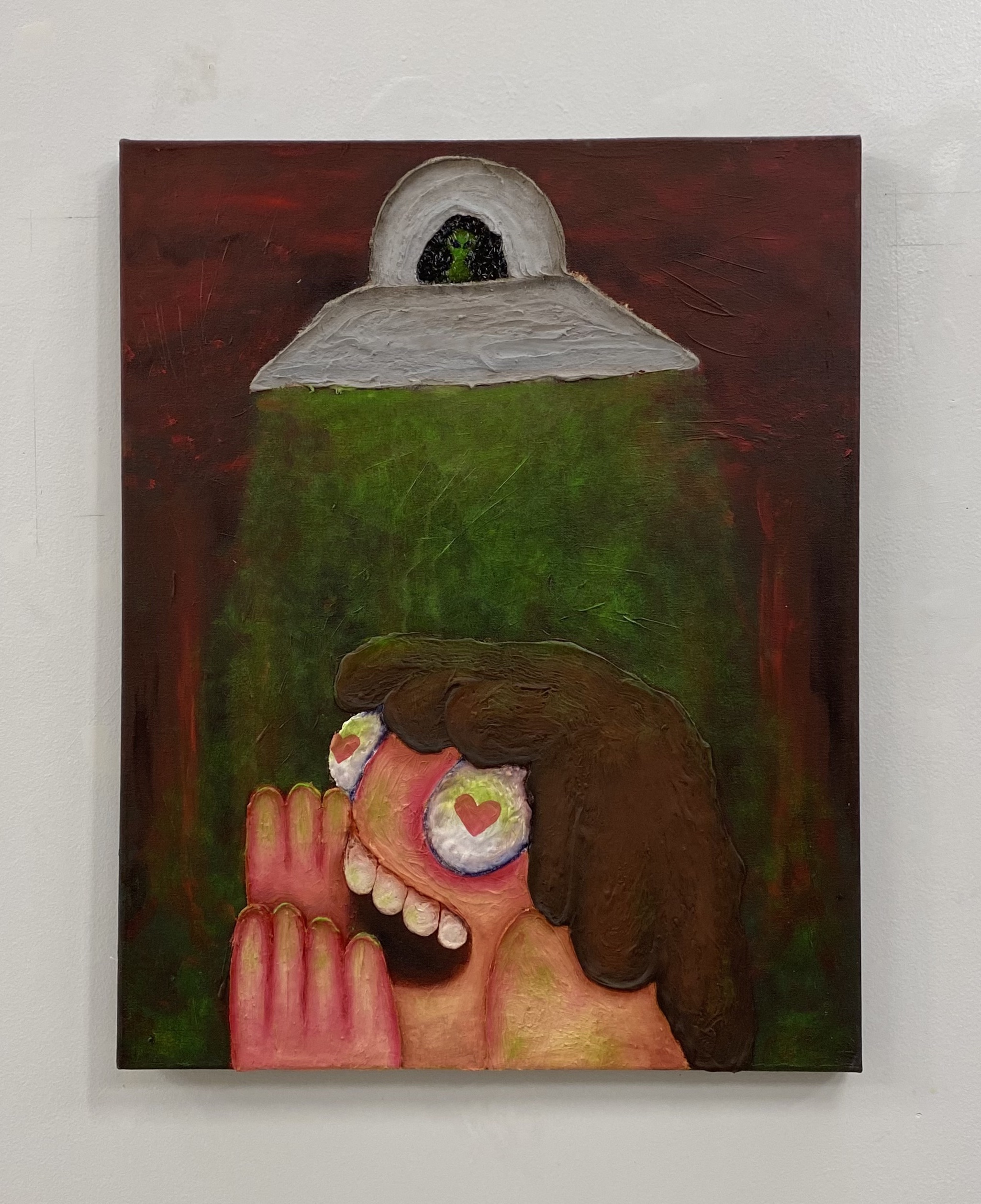 Big strong alien man picks me up in his UFO past curfew, oil on canvas, 24"x360", 2023