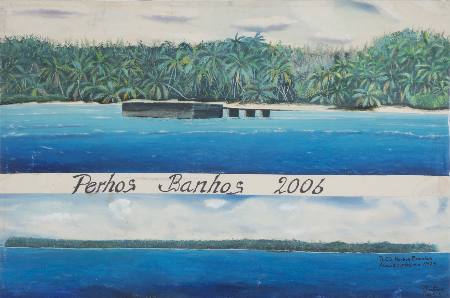Clement Siatous, Isle Perhos Banhos abandonnees en 1973 2006, acrylic on linen, 29.5 x 44 in. 