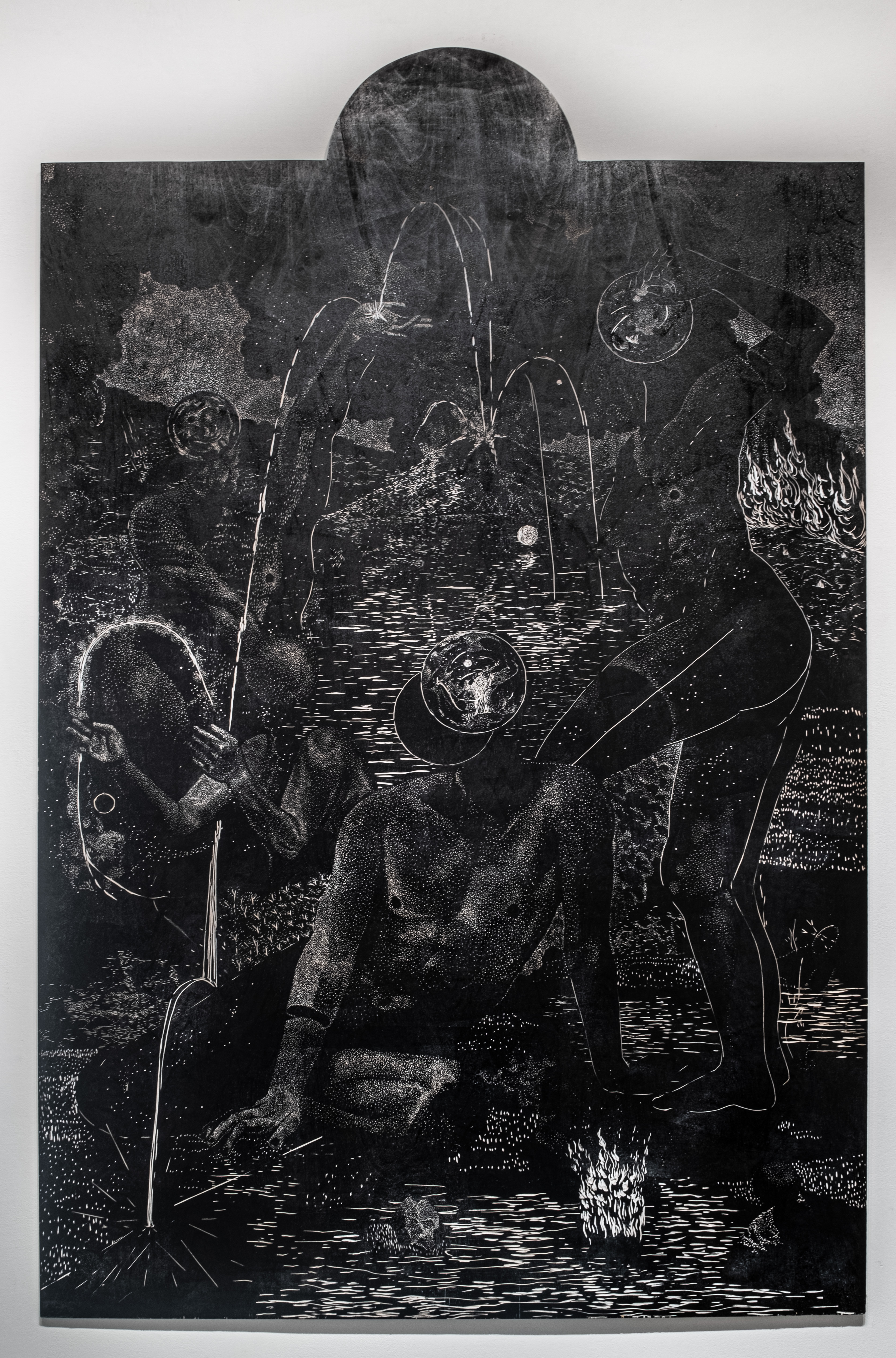 Fountain, 72x48 in. Woodcut matrix. 2023