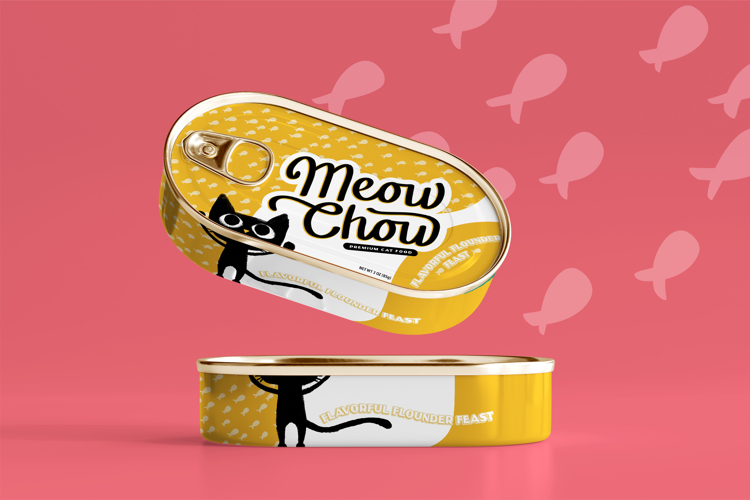 Meow Chow cat food tin in yellow