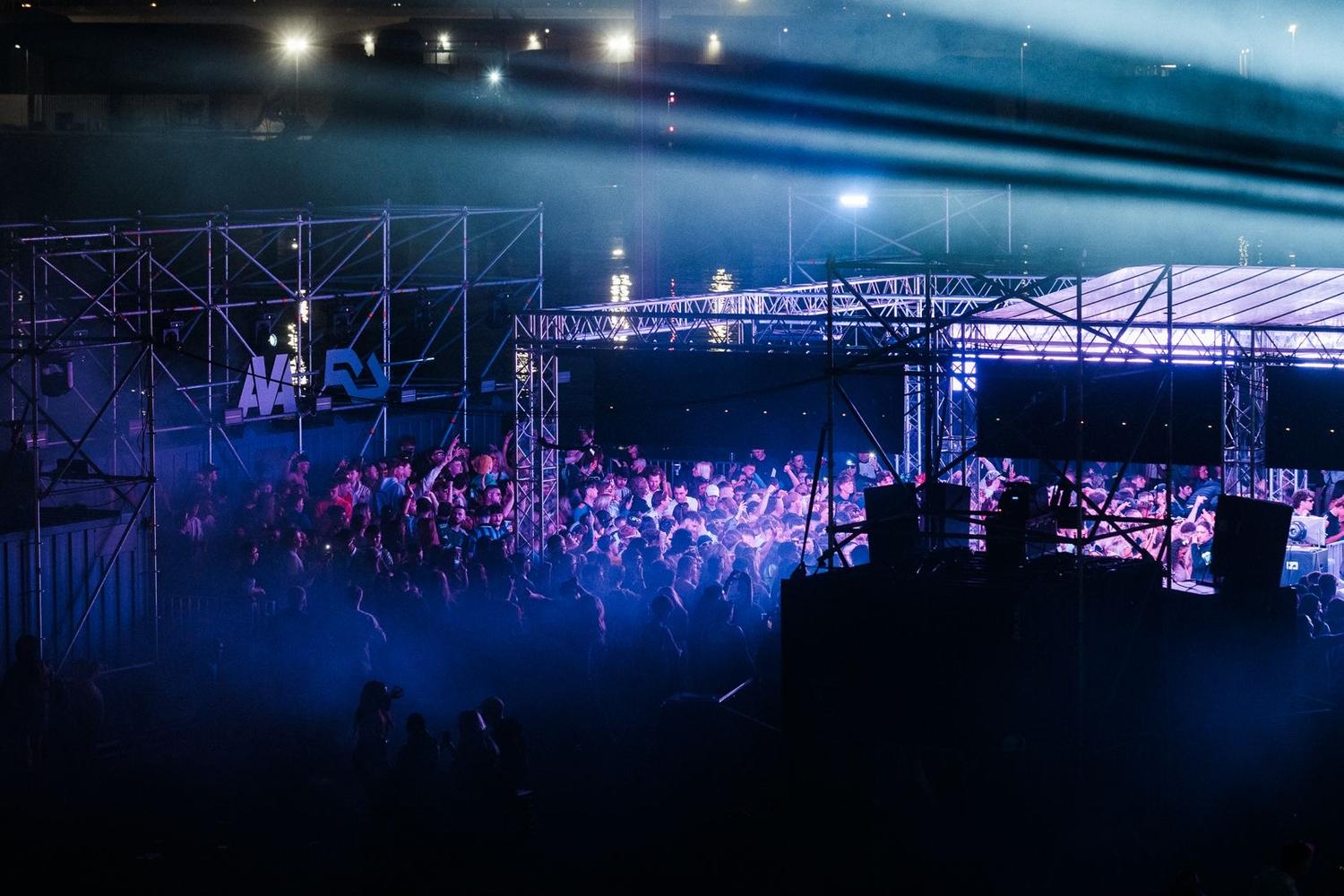 AVA x Resident Advisor The Dock stage at AVA Festival Belfast 2025 with crowd and lighting