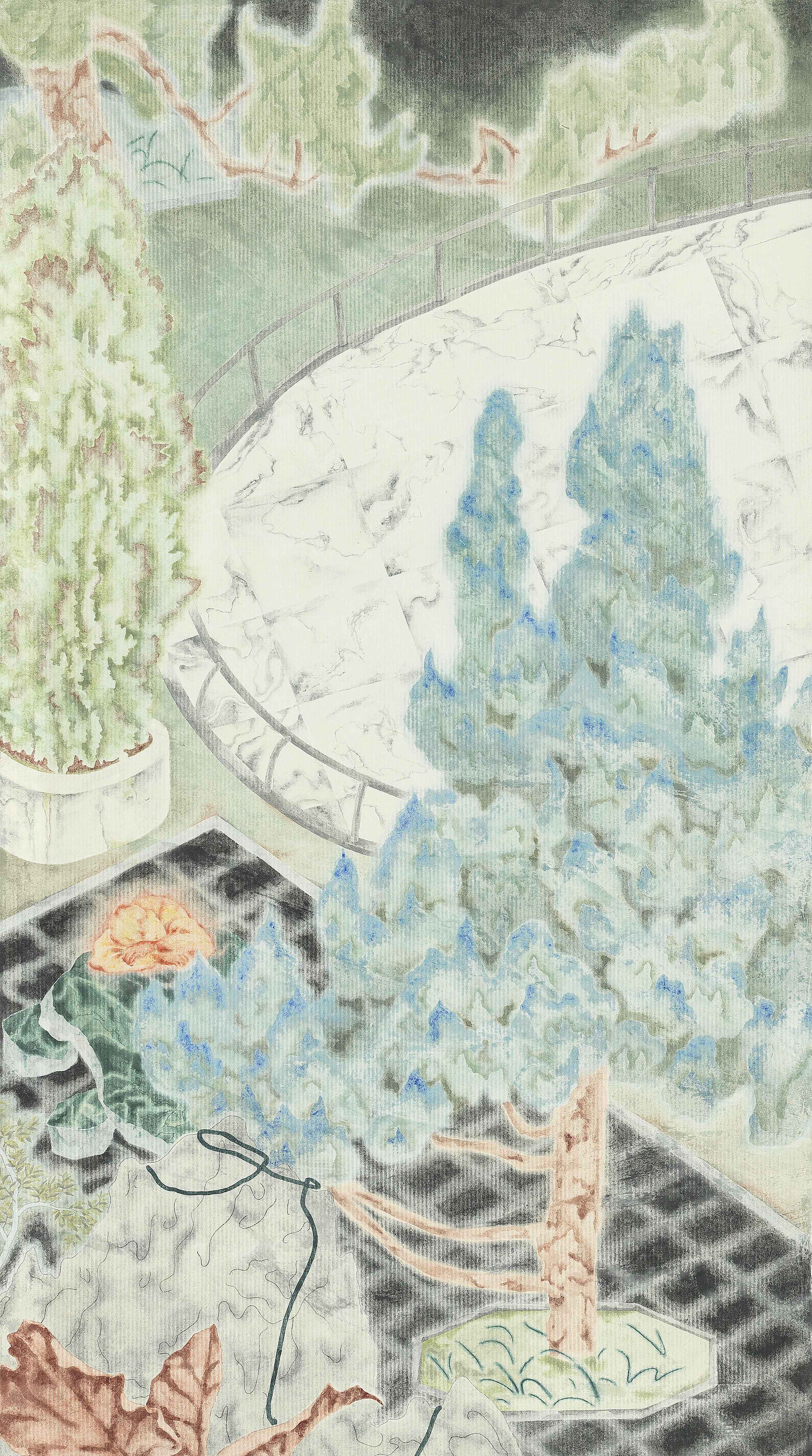 Wandering, 2019, mineral pigment, ink on paper, 141x79.5cm (55.5x31.3 in)