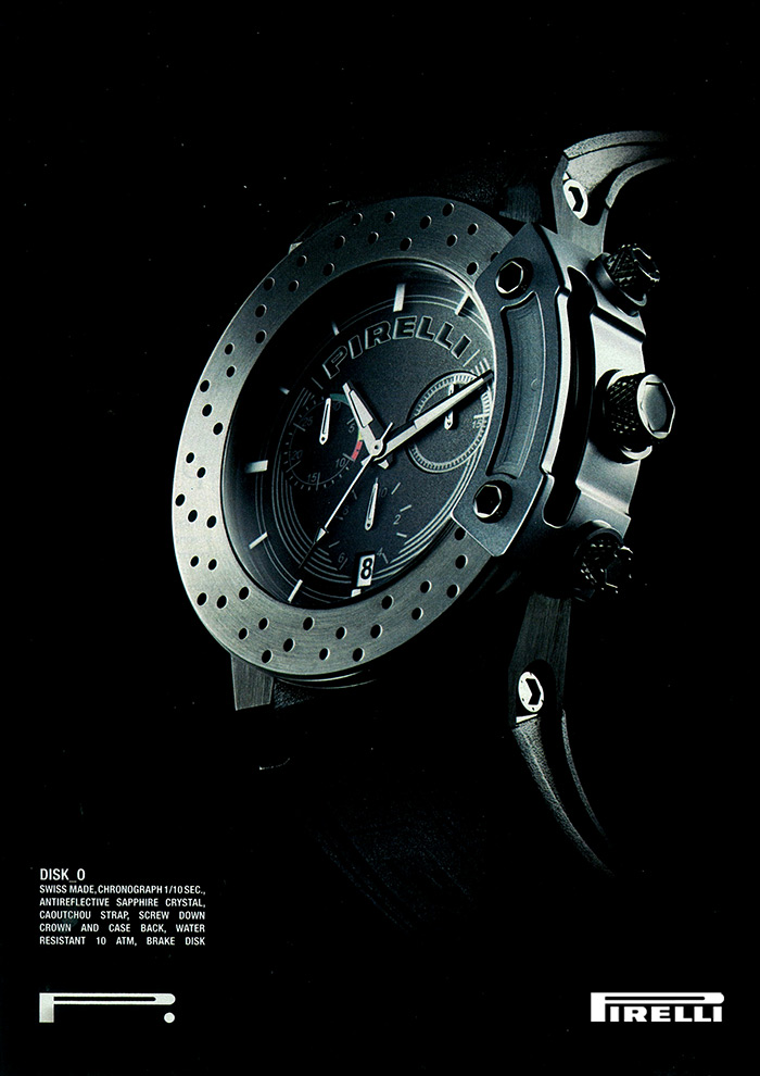 Rubber watch bands designed with details and textures inspired by tire sidewalls, translating Pirelli&rsquo;s automotive identity into wearable design.