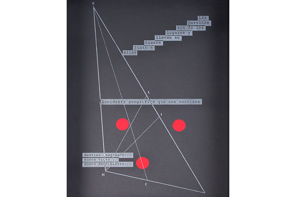 Enrique RamírezTres puntos sobre un muro, 2014Glass engraving, black cardboard, three red dots and wooden frame26 x 35 cm