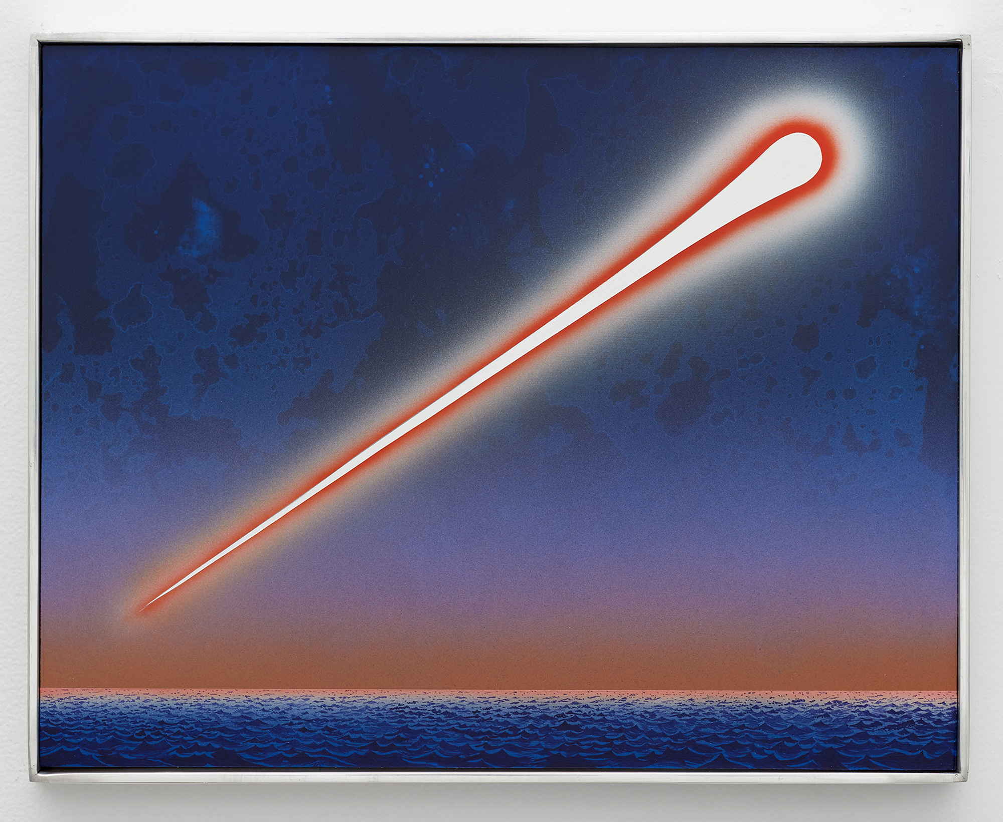 Visitor, 2022Acrylic on plywood, polished aluminum artist's frame, 14&rdquo; ︎ 11&rdquo;