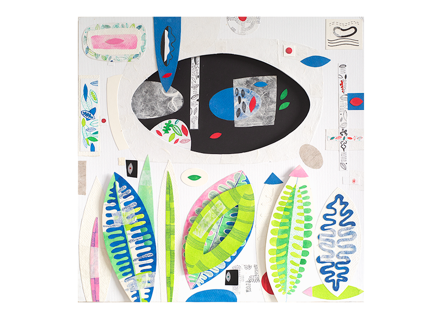 Biancoluna (ballo notturno di foglie), (China su carta, collage, cm 40x40, 2024)