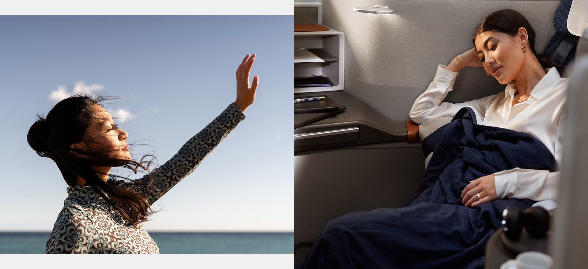 Lufthansa Group Allegris key visual with a double-image structure: The right image shows a peacefully sleeping businesswoman in her Allegris Business Class seat with her laptop on the large desk, while the left image depicts her in a dreamlike world, enjoying the sunshine on her face