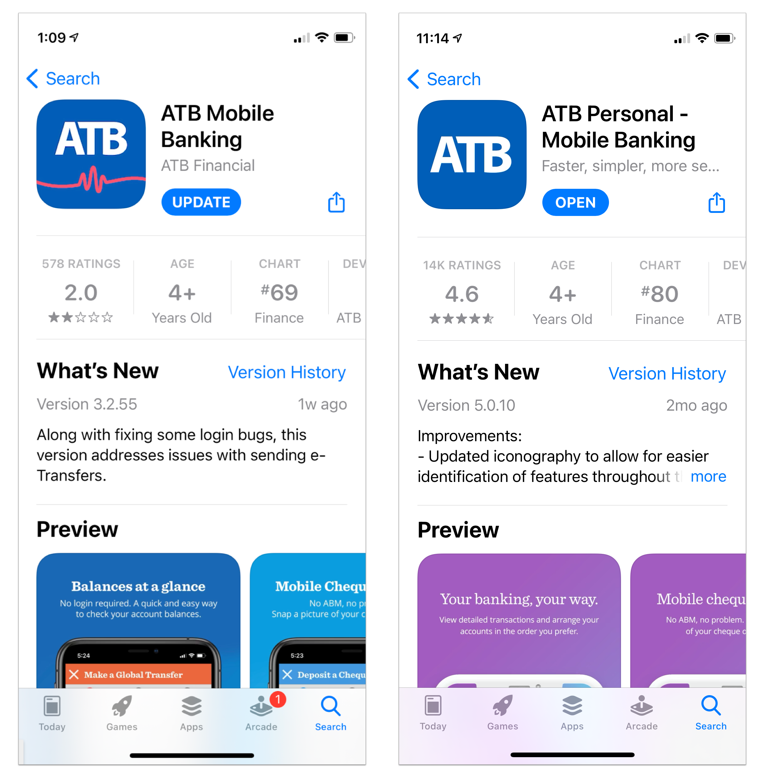 Figure 1: App store ratings, previous vs current