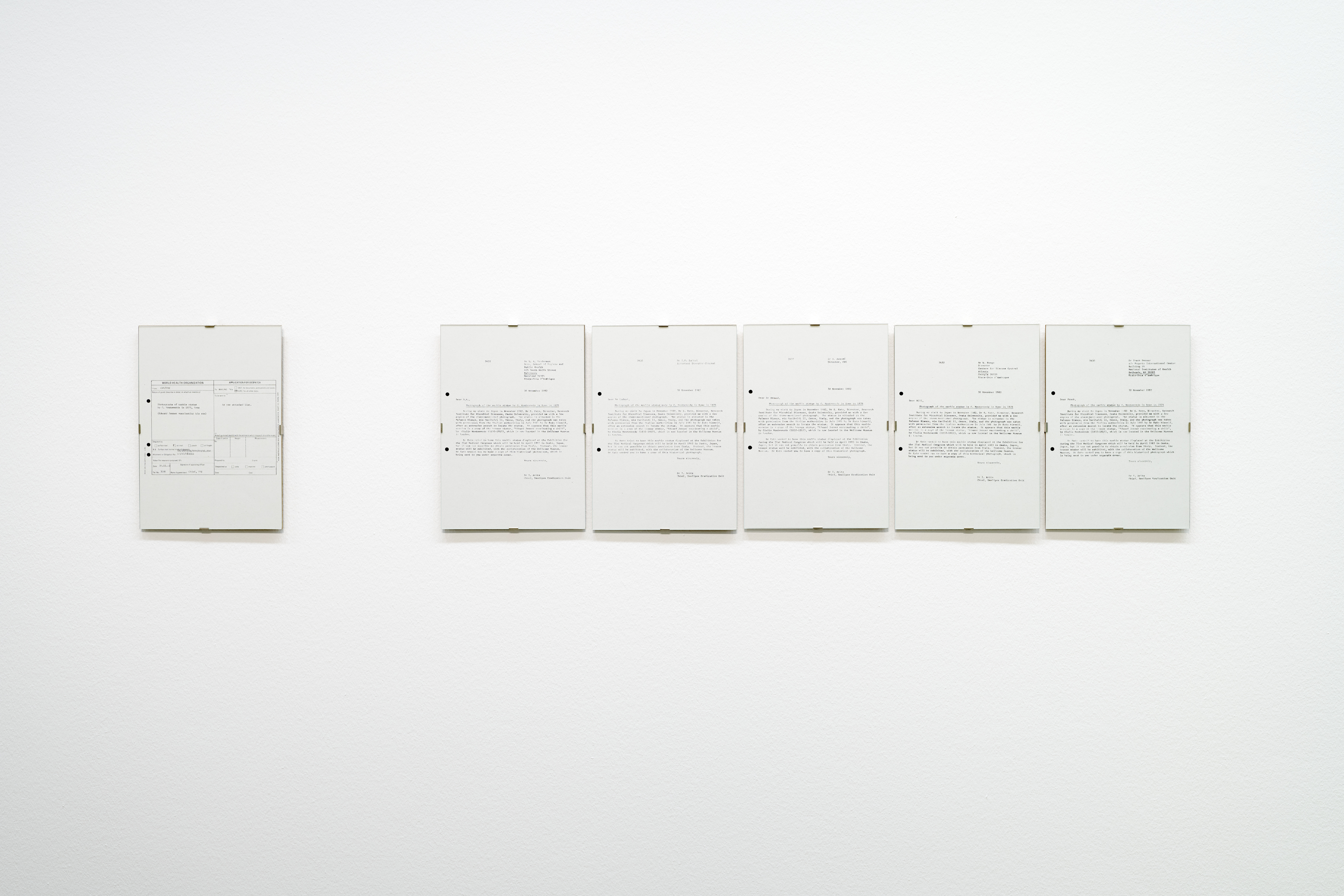 Letters, 2022. 6 framed risograph prints, 21x29,7 cm each. Documents courtesy: WHO Archive. Courtesy: the artist. Photo: Günter Kresser