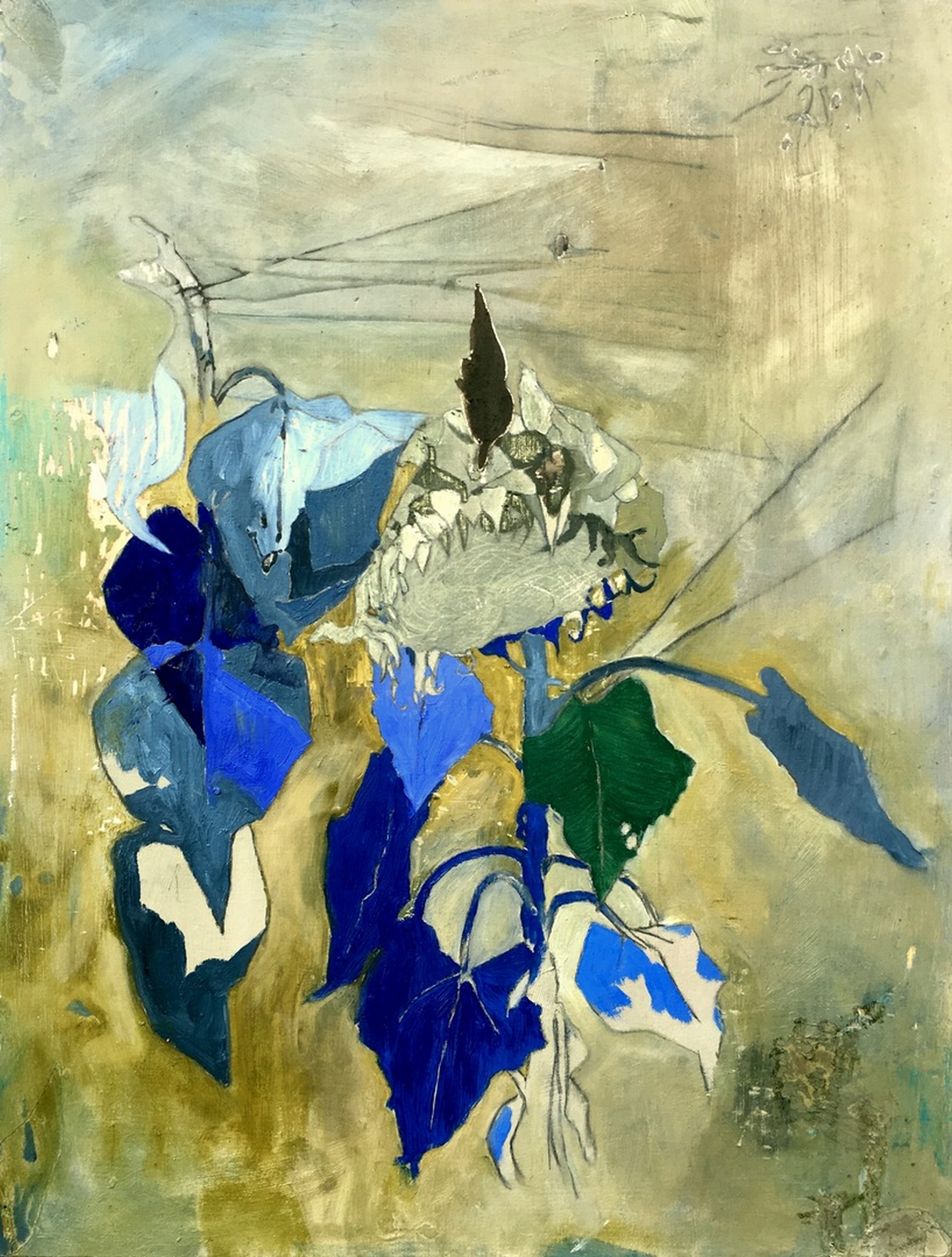 sunflowers, twine, power line, empty nest | 20 x 27 inches | oil on panel