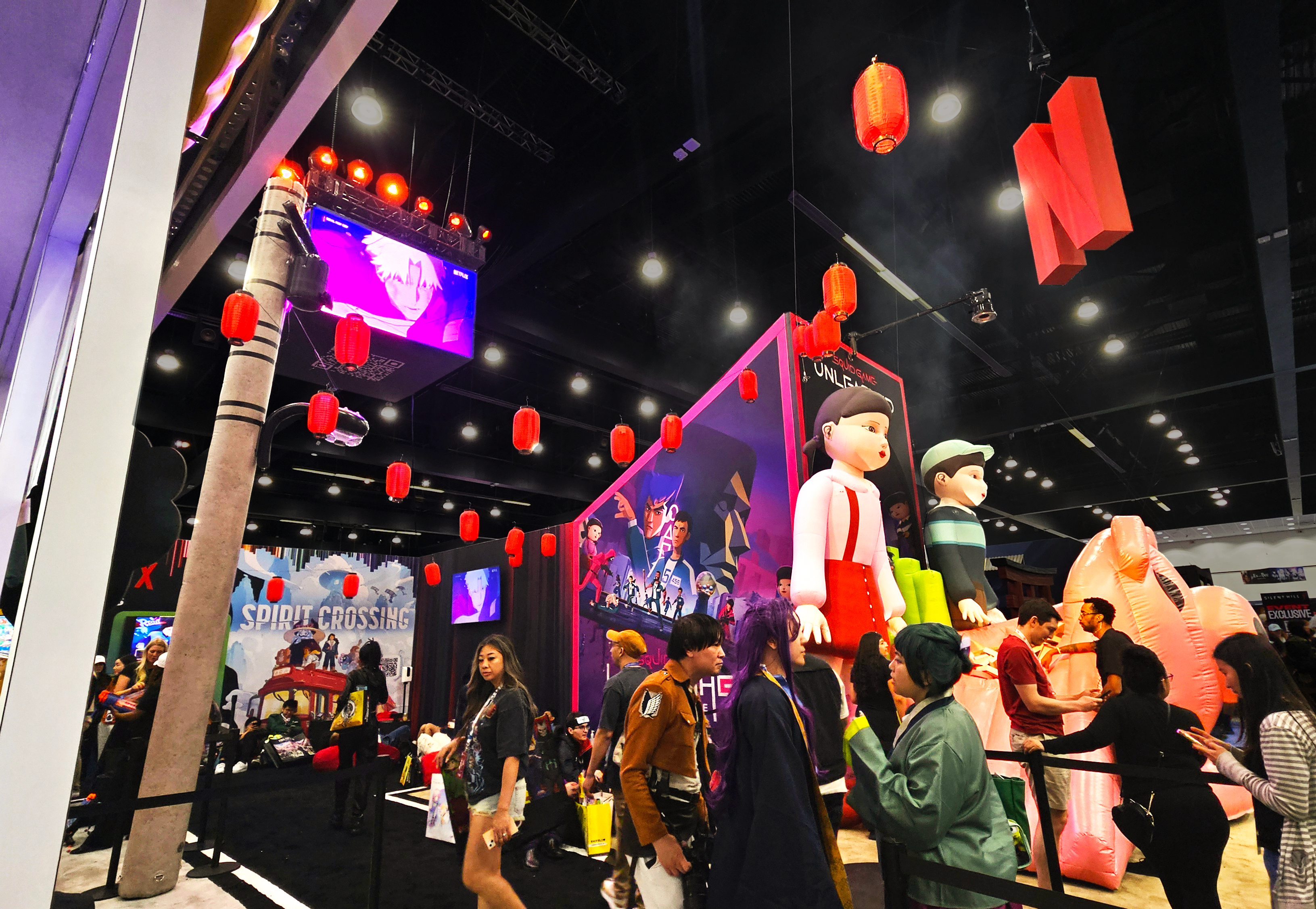 COURTYARD VIEW FROM THE RETAIL STORE: Looking at the Spirit Crossing Demo Lounge and Squid Game Funhouse exit.