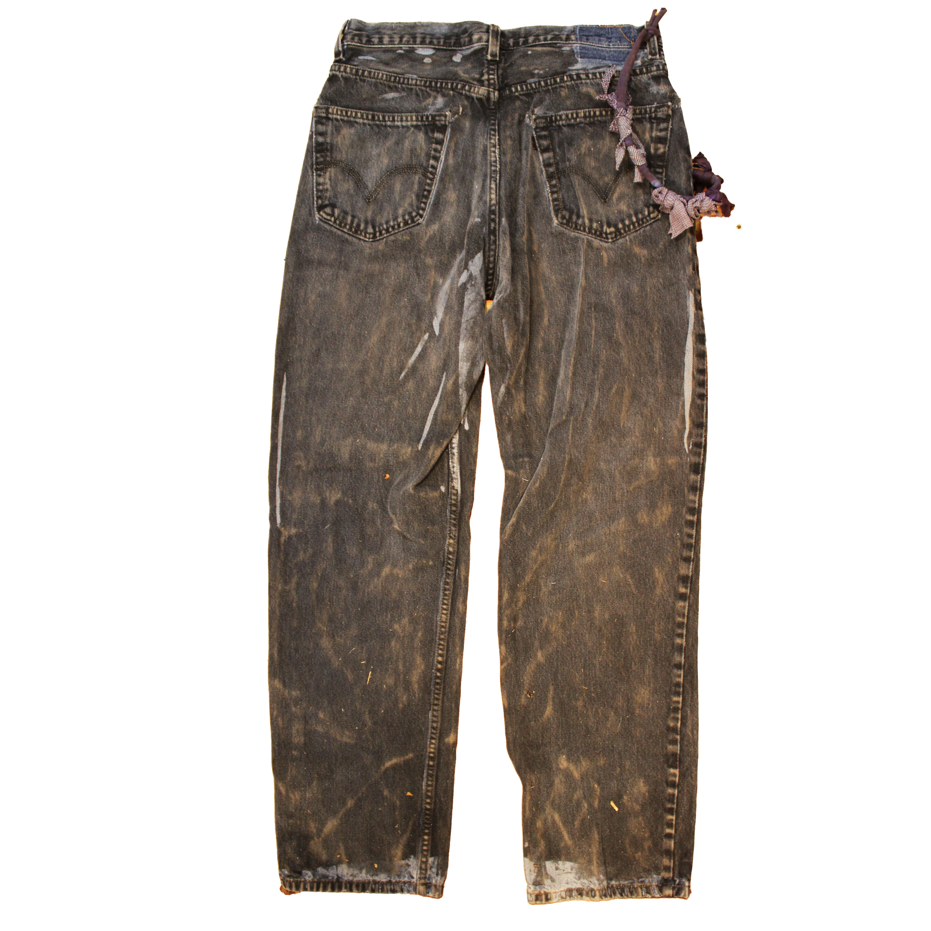 reclaimed vintage surplus denim screen printed with textile dye & various metals. tailored for straight/wide fit. fitted with custom keychain, scrap chain, and leather patches