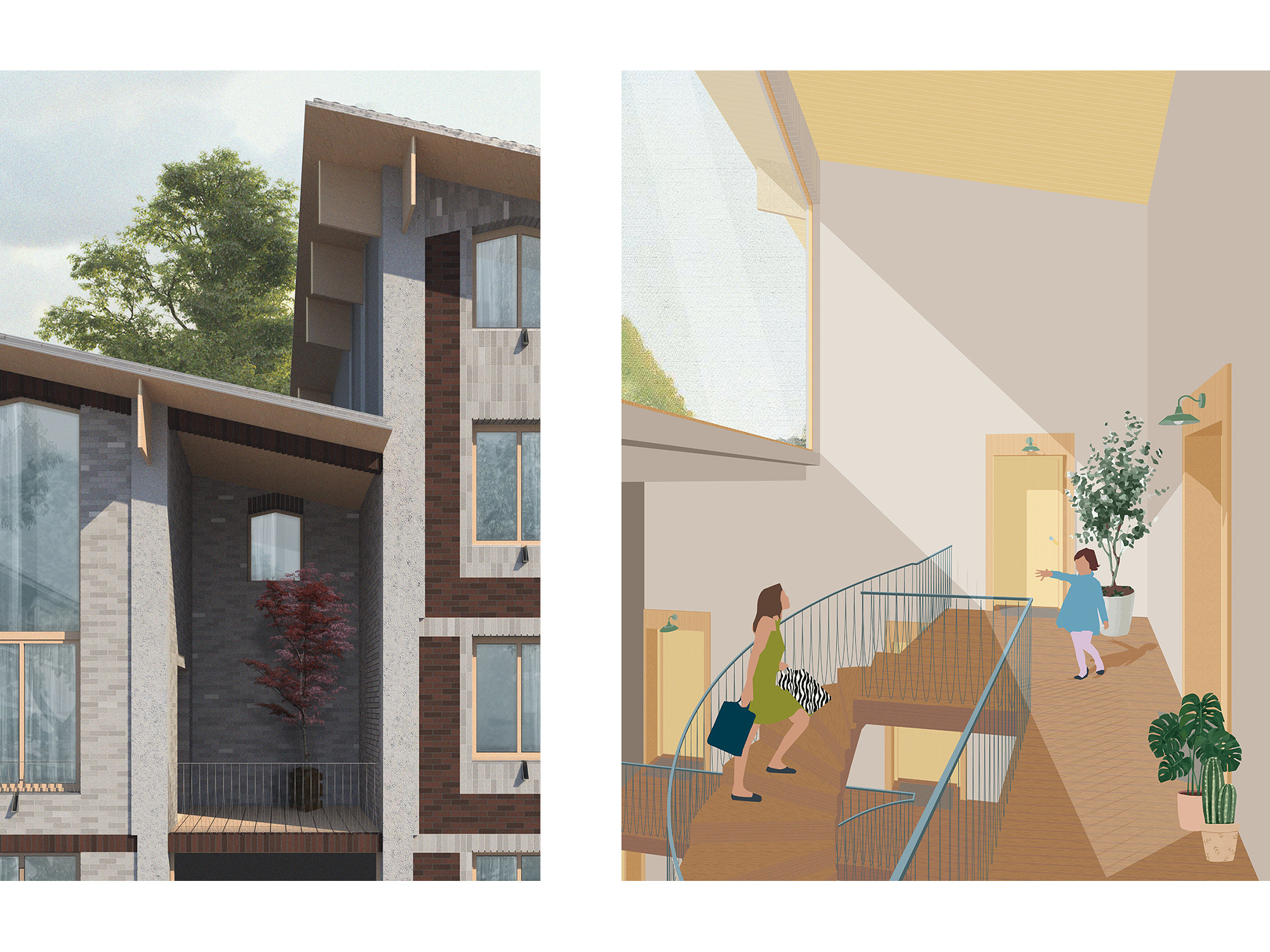 Logements collectifs, façade principale & vue de la circulation depuis le dernier niveau