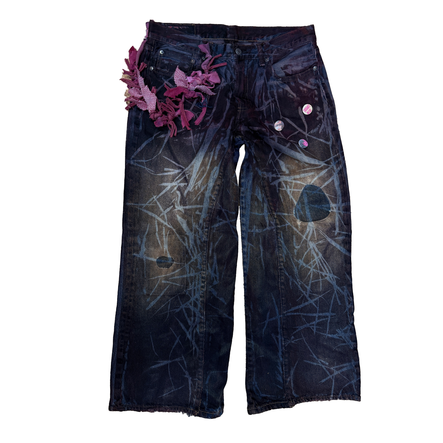 reclaimed vintage surplus denim screen printed with textile dye & grass resist. tailored for straight/wide fit. fitted with custom keychain, scrap chain, and leather patches