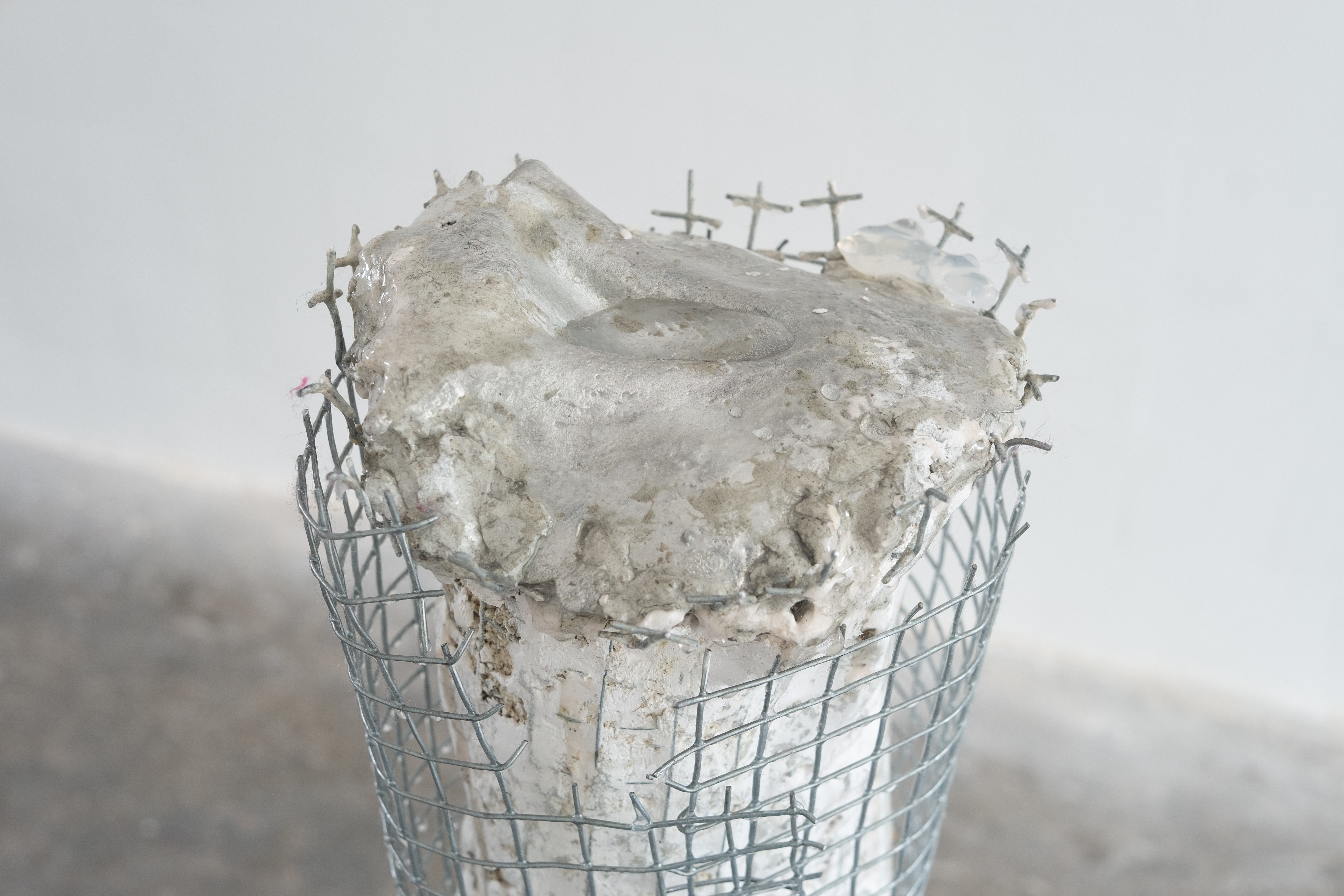 Pecking Bowl, 2022, pewter, concrete, plaster, wire, silicone. Jasmine Pajdak