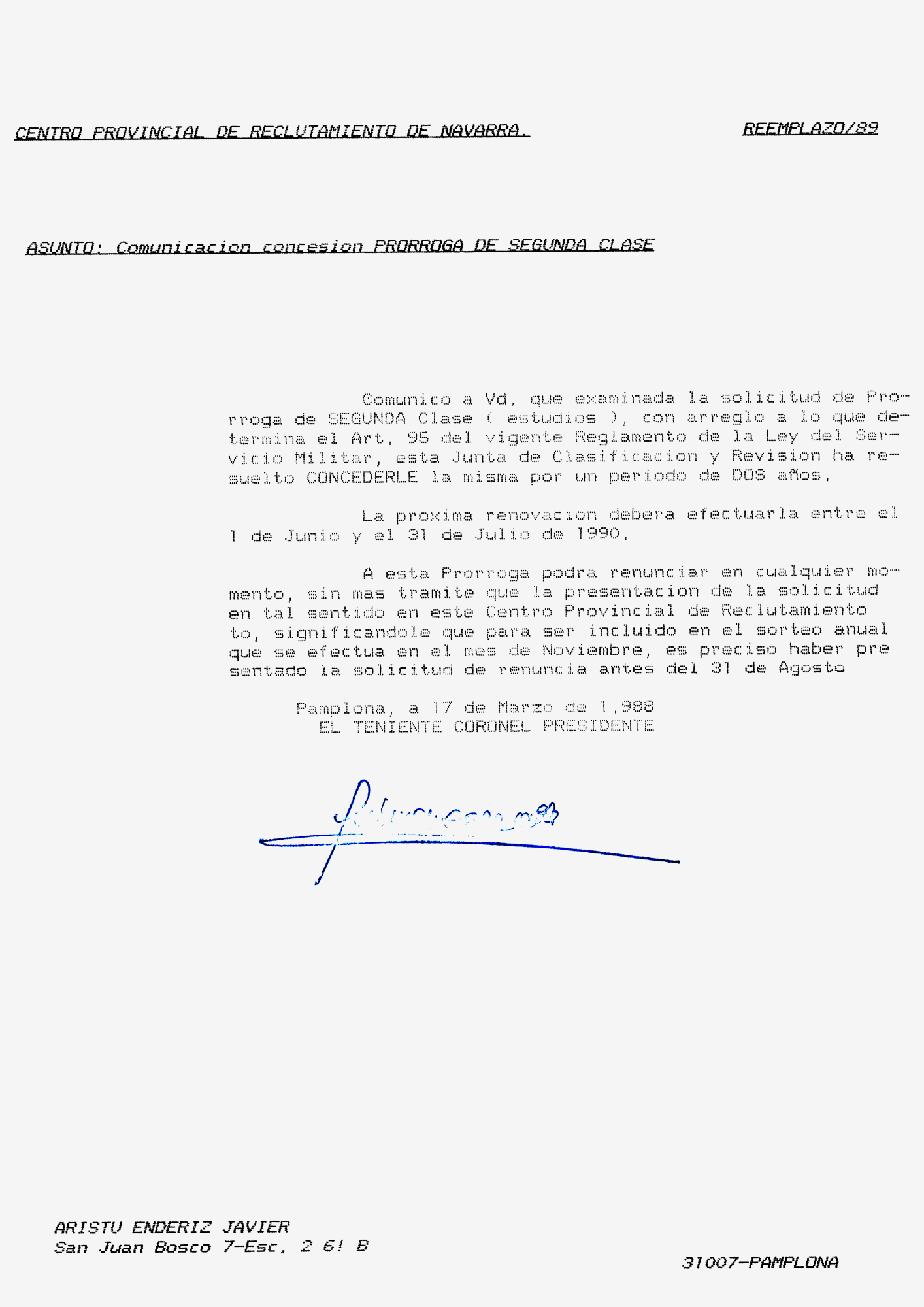 Comunicación de la concesión de una prórroga de segunda clase para el Servicio Militar, Pamplona, 1988
