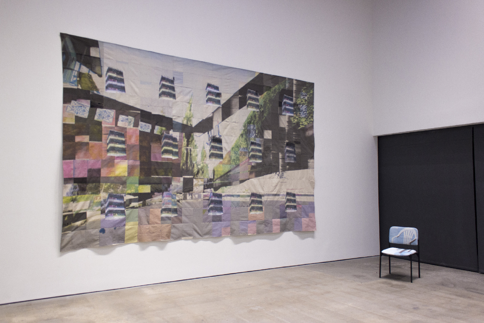 Upload Your Ad (2023) Ink, Acrylic on Stitched Fabric 180x114in