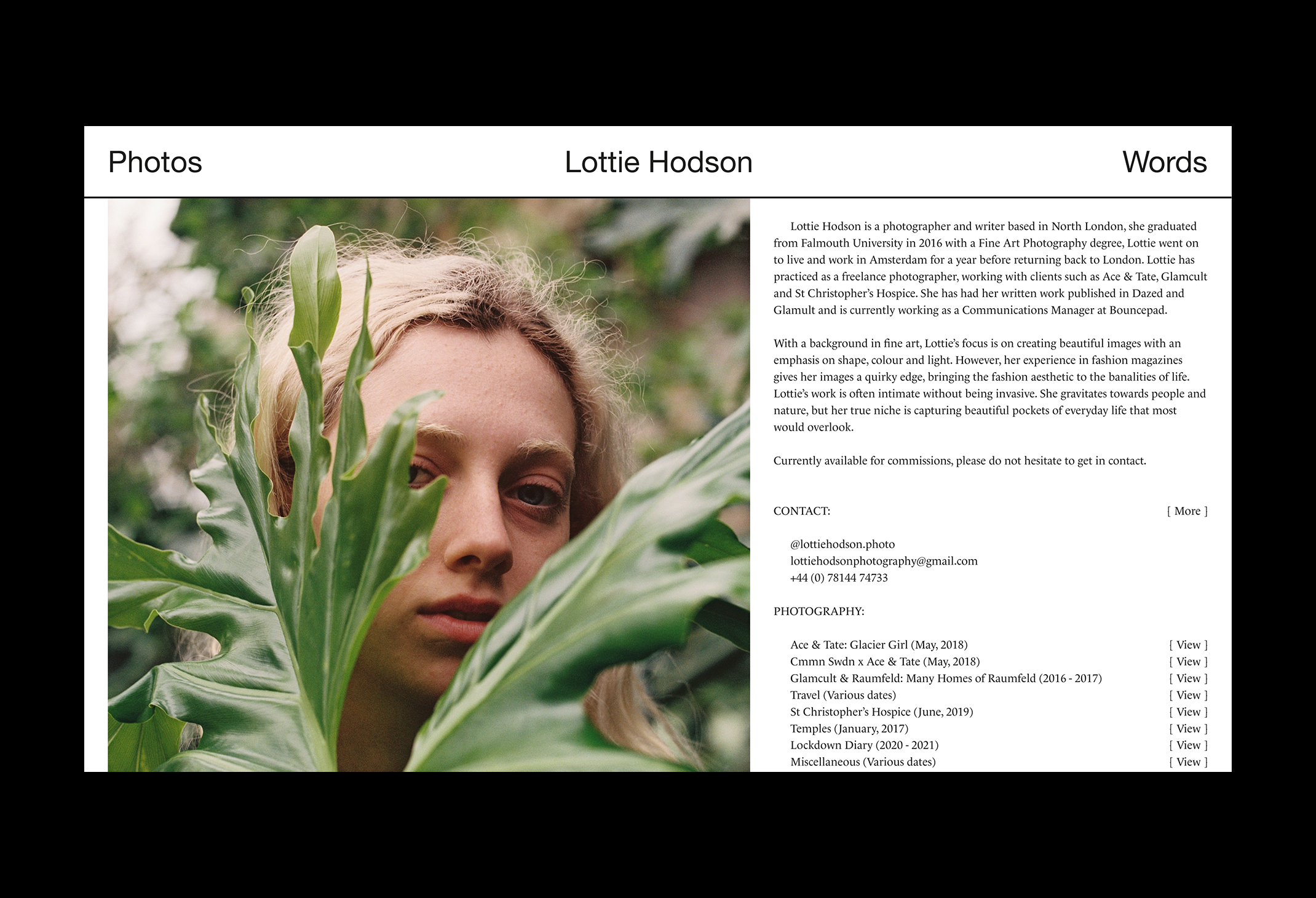 Project: Lottie Hodson1/7(Photographer & Writer) Category: Identity, Web designYear: 2021
