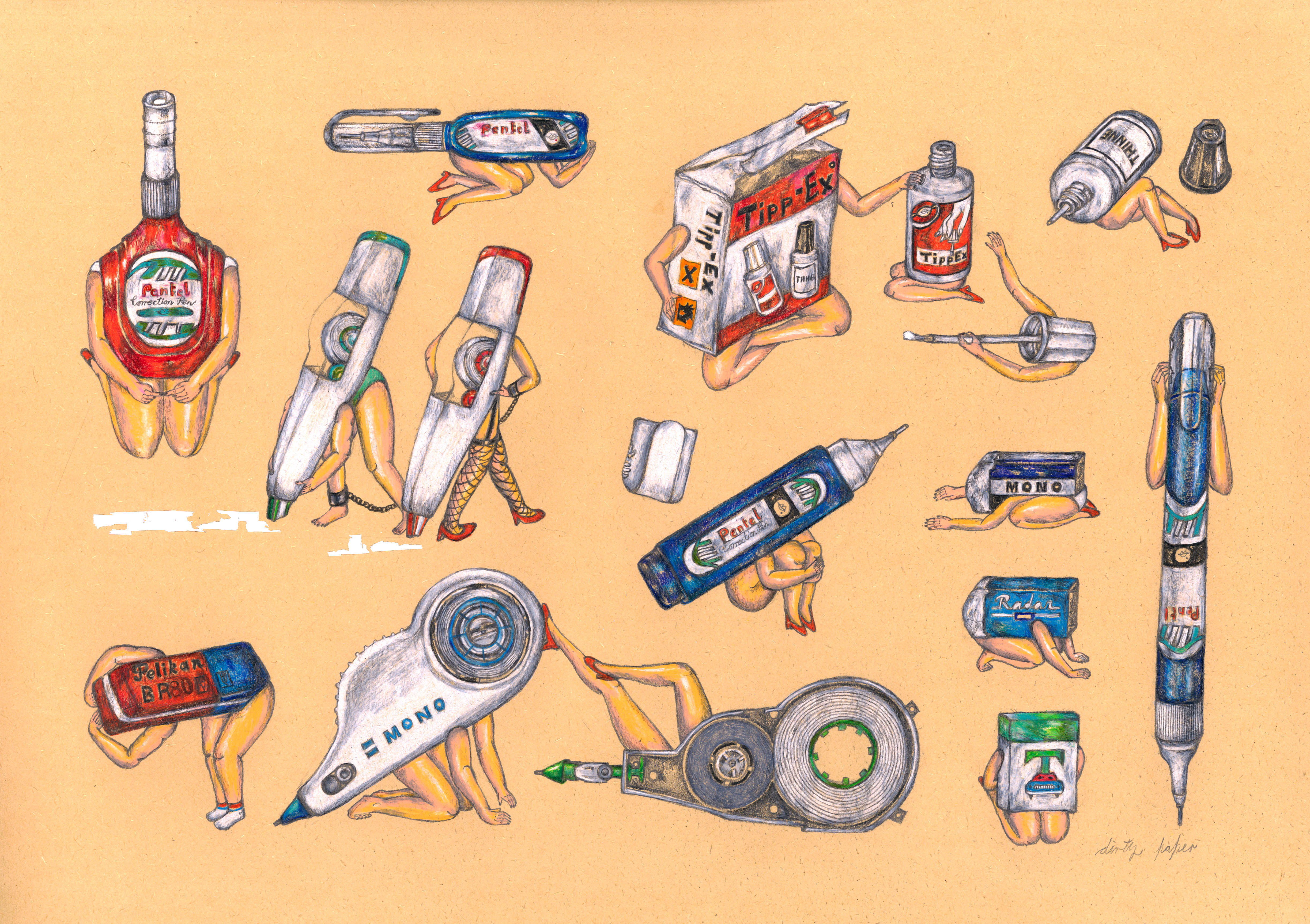 Correction | 知錯能改, 2014, Pencil, color pencil, correction tape and ink on paper, 29.7 x 42 cm