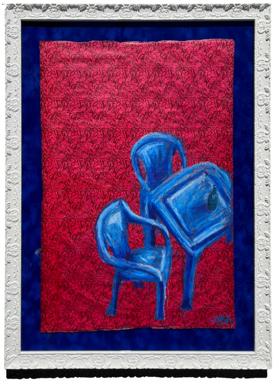 Plastic Patio Set - 27"x37" - Oil pastel on screen printed paper. Framed and mounted on blue suede. Contact for purchase