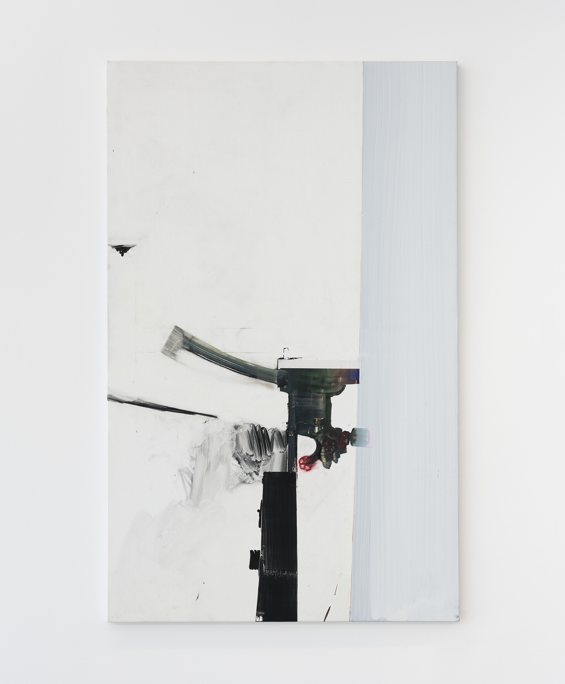 Standpipe Valve Displacement , 2025, oil, laser print, tape on linen 57 1/2 x 36 in. (146.1 x 91.4 cm.)