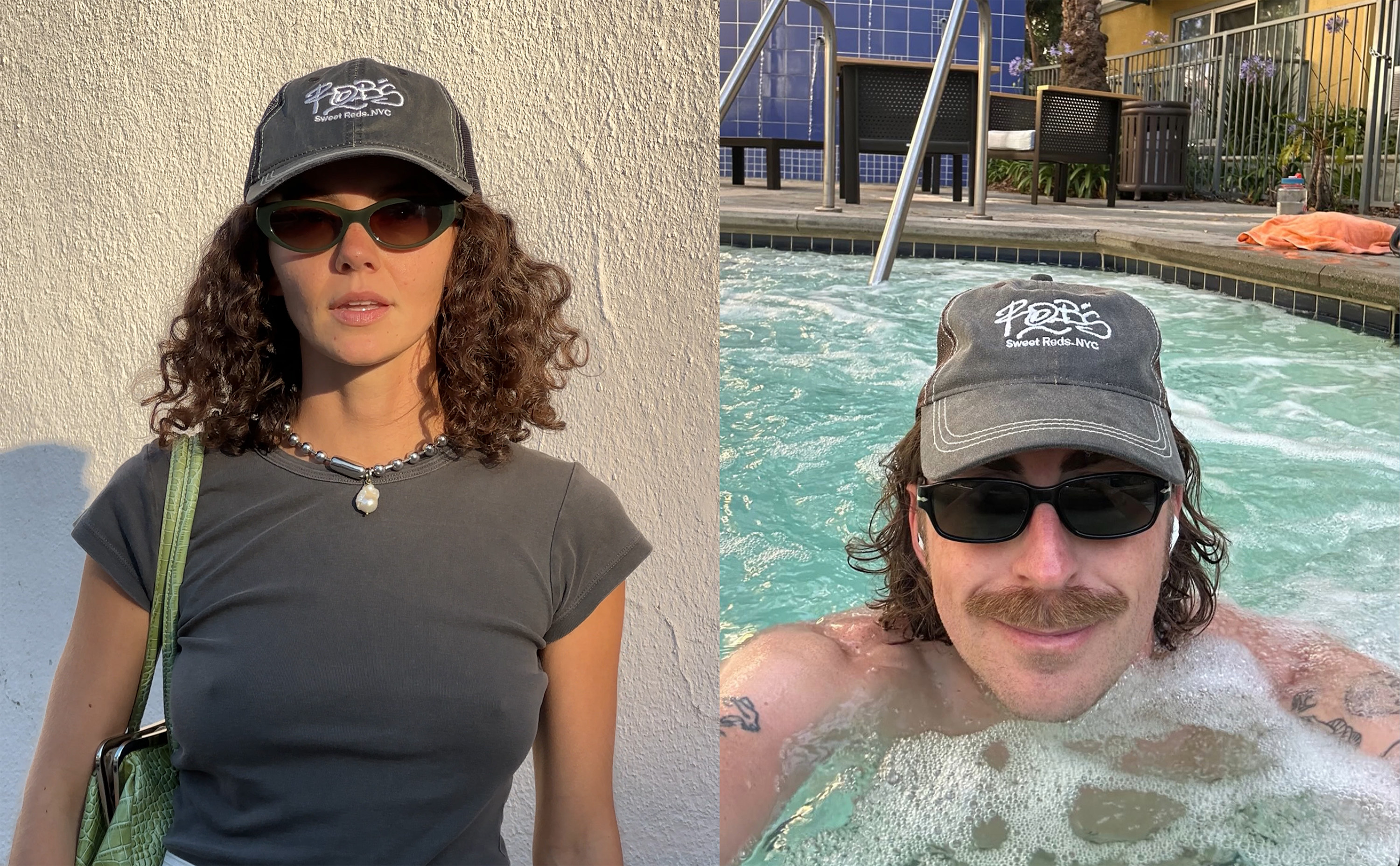 Two people wearing trucker hats