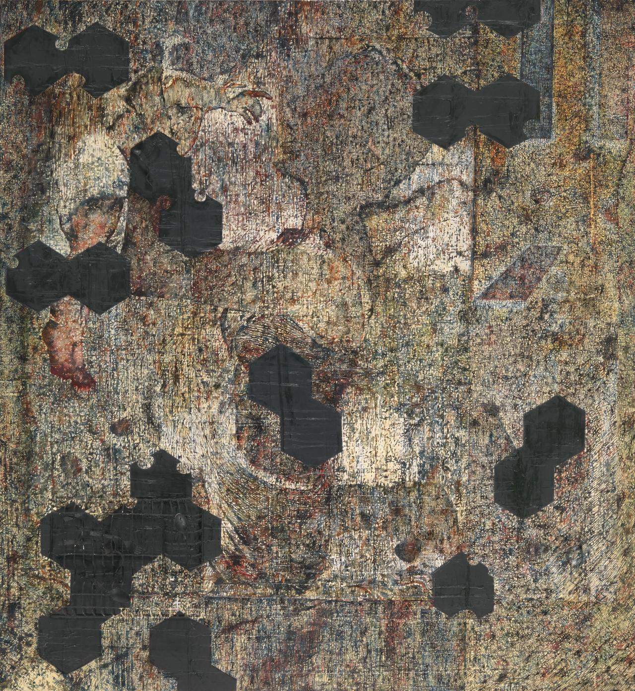 Storm and stress, 1991, oil and found objects on canvas, 198cm x 183cm. National Gallery of Victoria, Melbourne. Presented through the NGV Foundation by Shell Australia Limited, 2002.