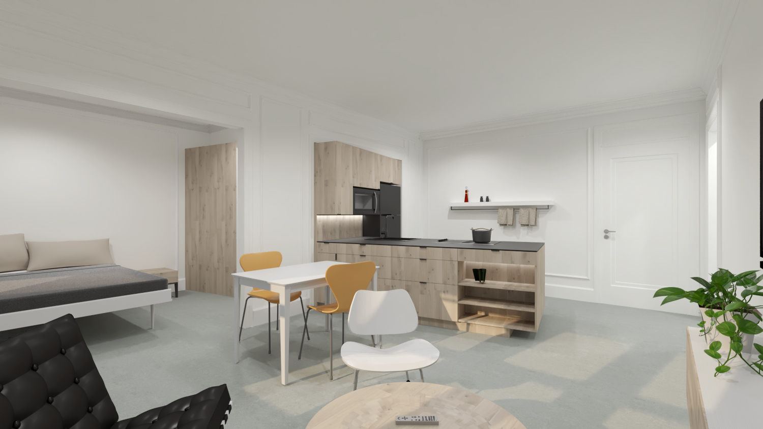 The kitchen as a contemporary solitaire in the historic context with a nature inspired color scheme. Wood