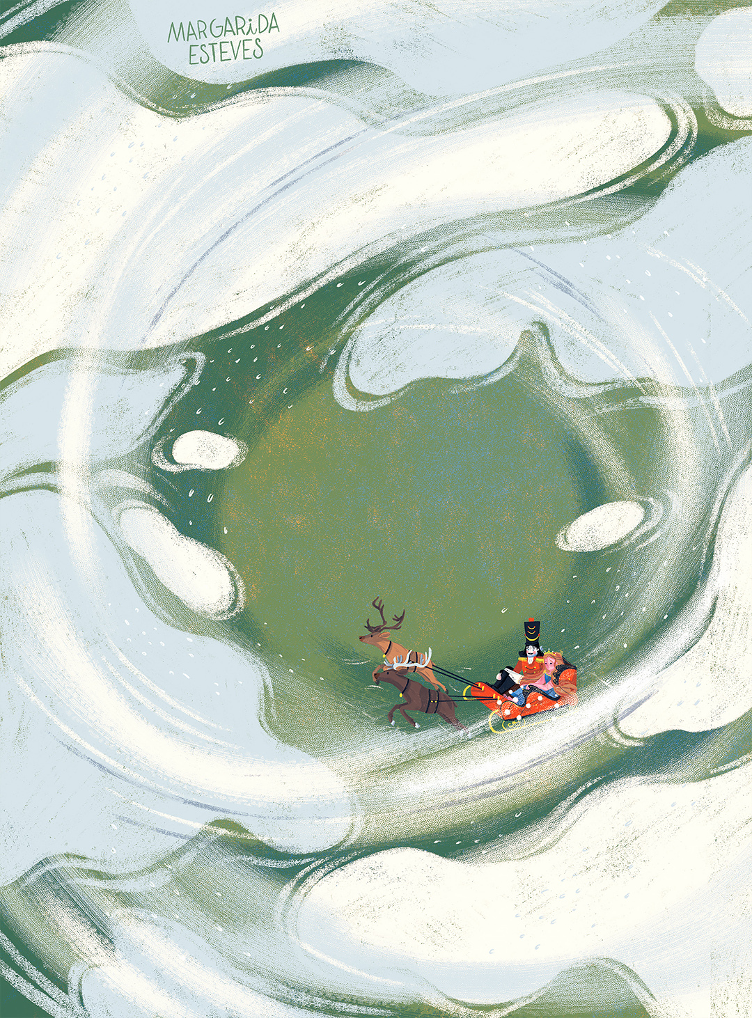 The nutcracker and Clara in the middle of a snowstorm.