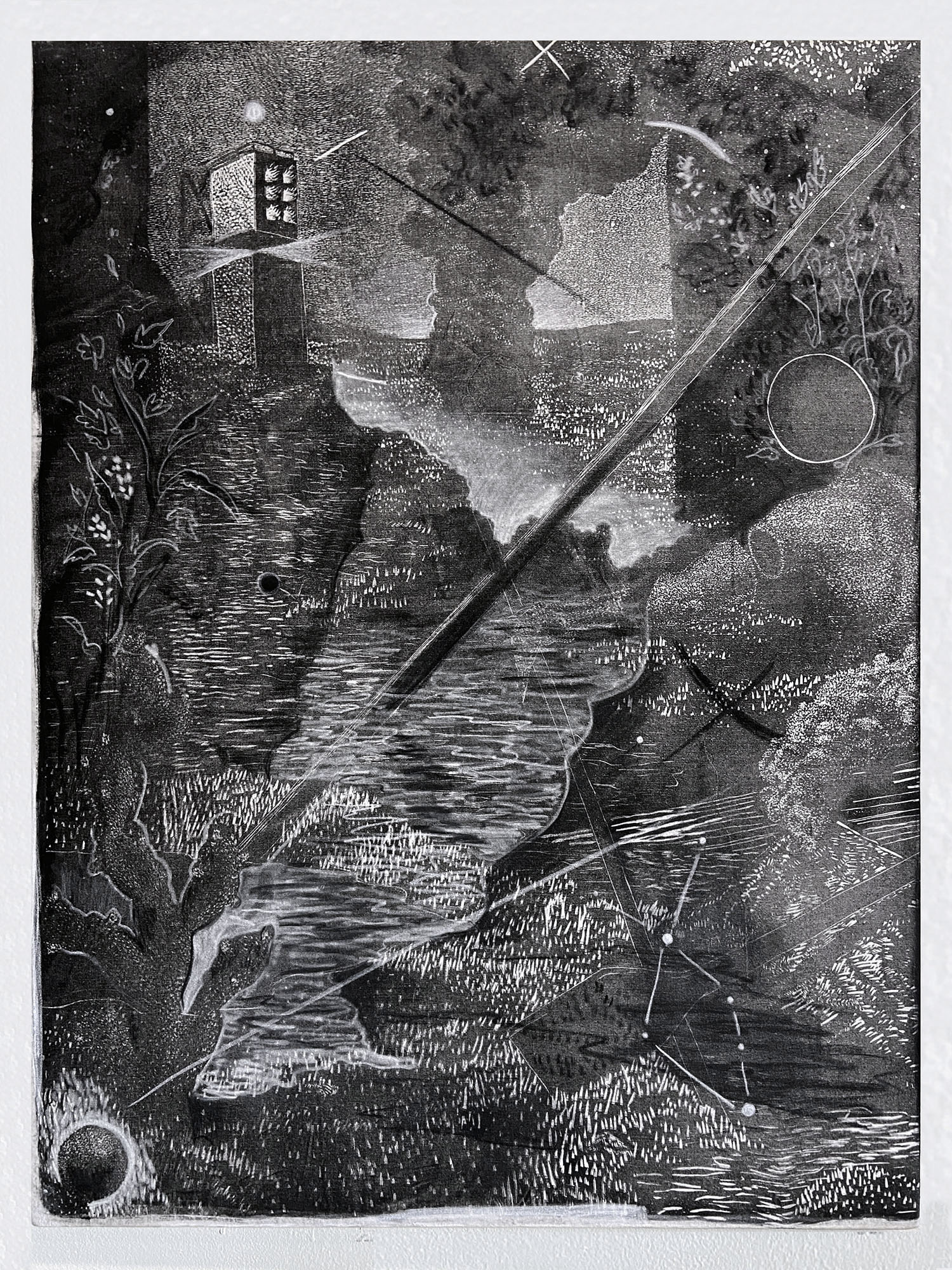 Oztotl. 40x30 in. Woodcut, ink and charcoal on muslin. 2021