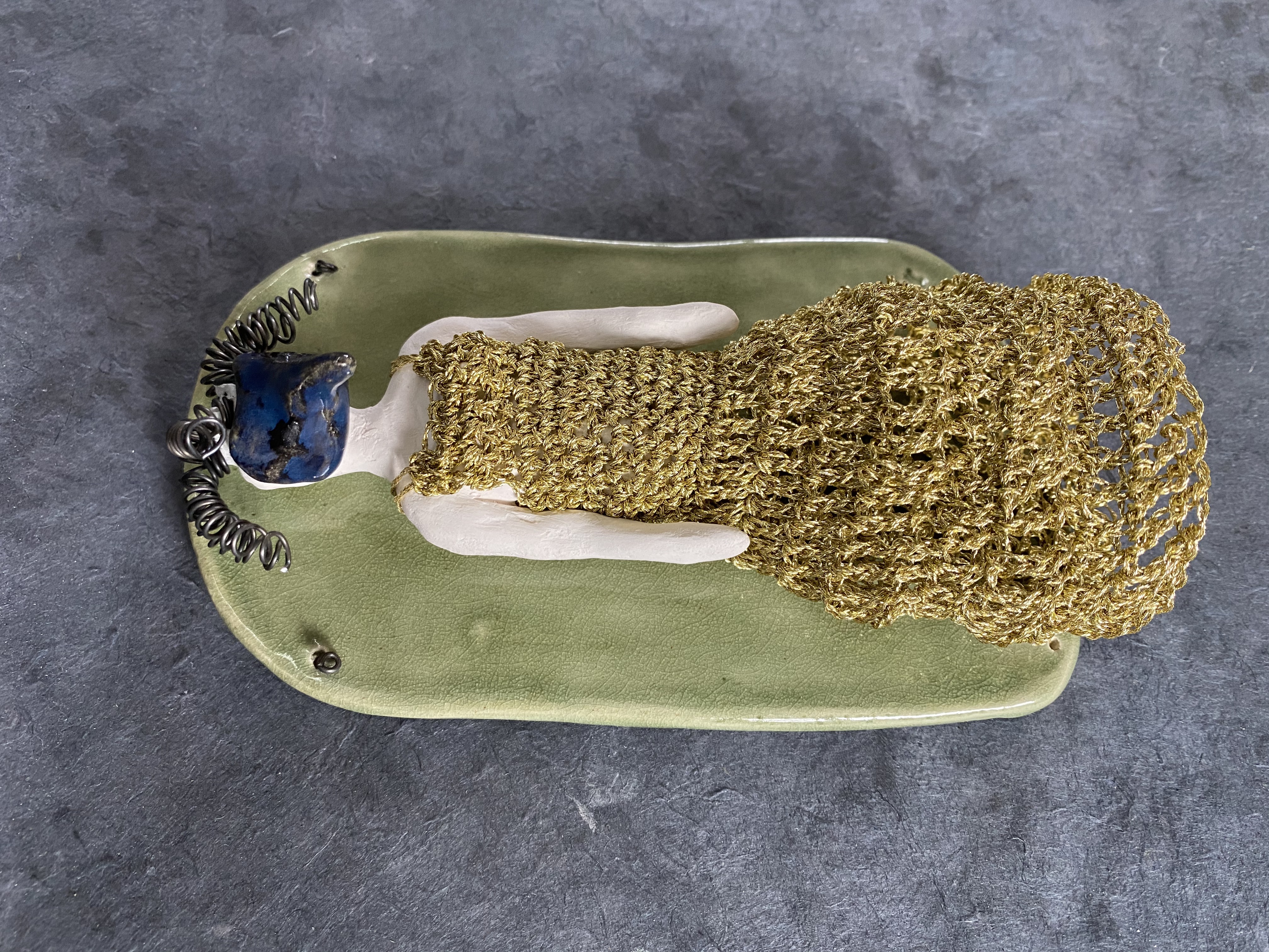 Untitled, SOLD → ceramic glazed, porcelain, crochetted gold embroidery thread, steel wire
