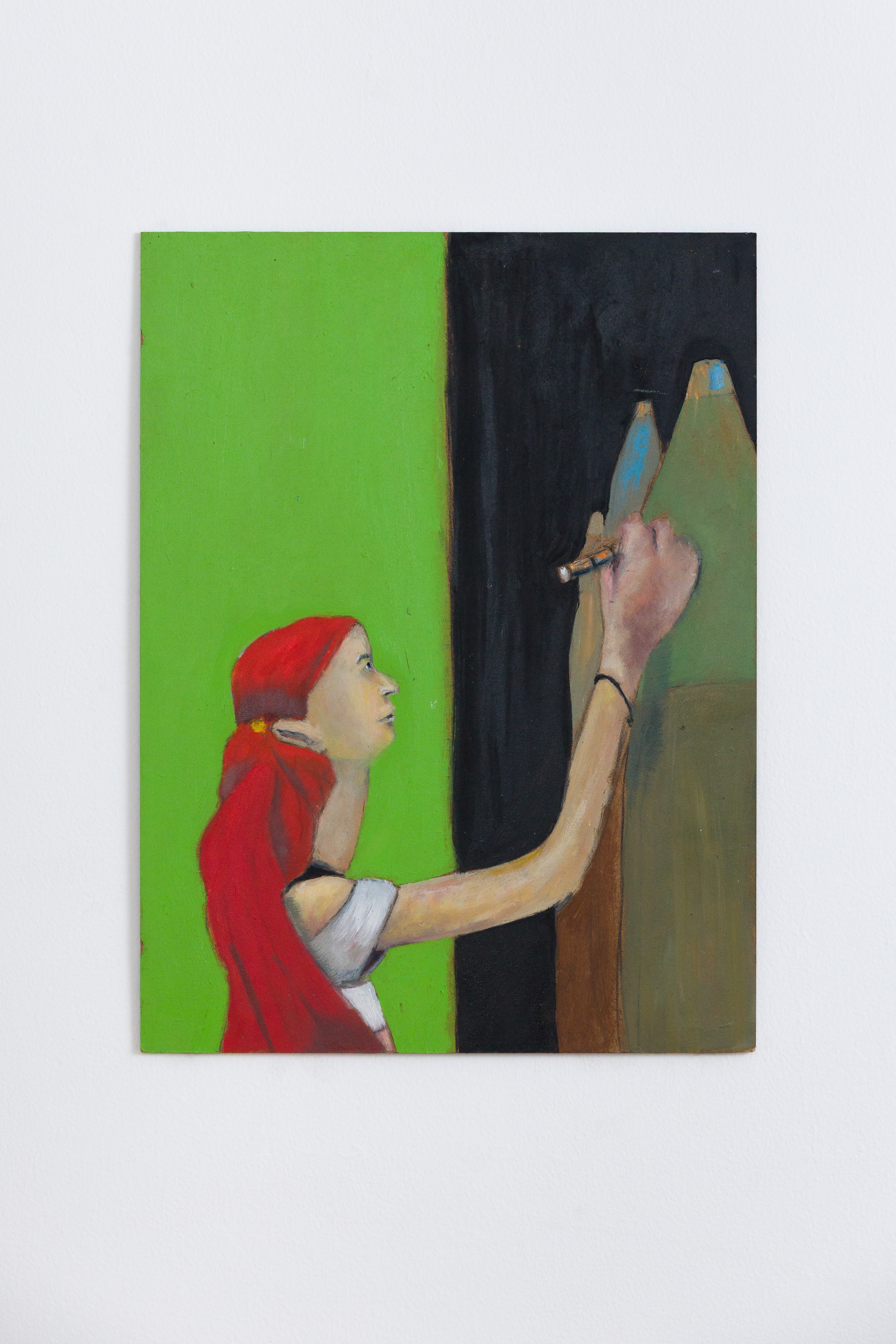 Rodrigo Echeverr&iacute;a Parastic Image: Girl with red hair, 2024 Oil on wood panel 15 3/4 x 11 3/4 in 40 x 30 cm