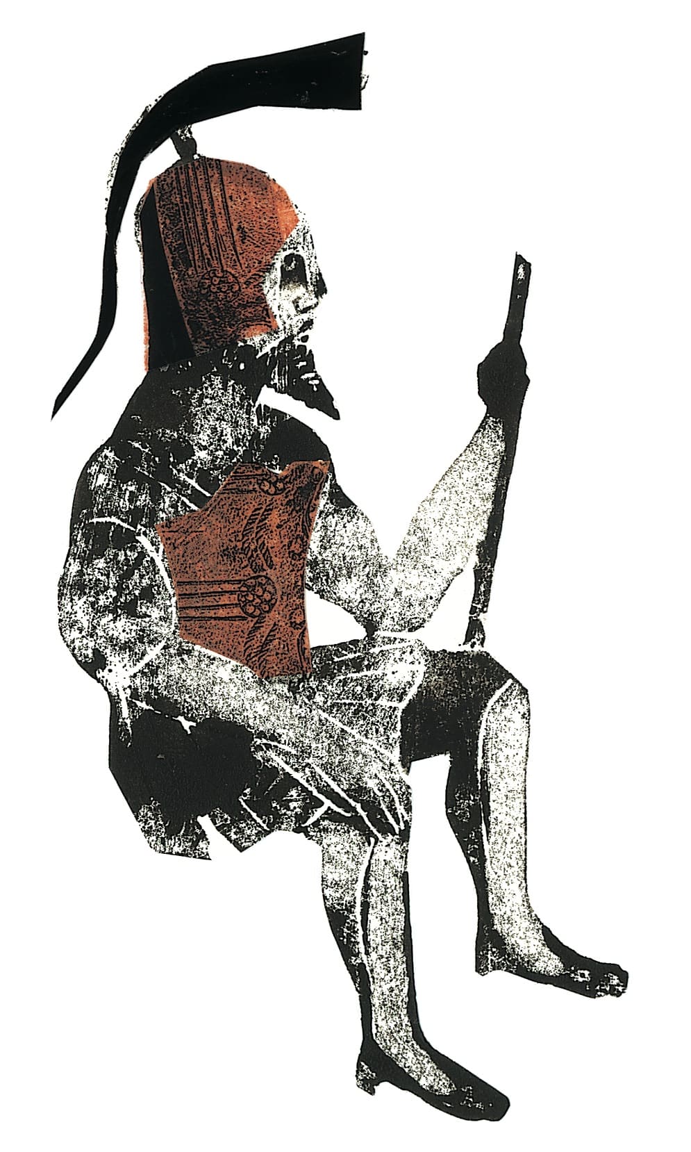 AgamemnonLinocut, printed with oil paint, collage elementsSerie: The saga of Troy's fall/Text: Franz FühmannPublisher: Hinstorff Verlag, Rostock, 2011