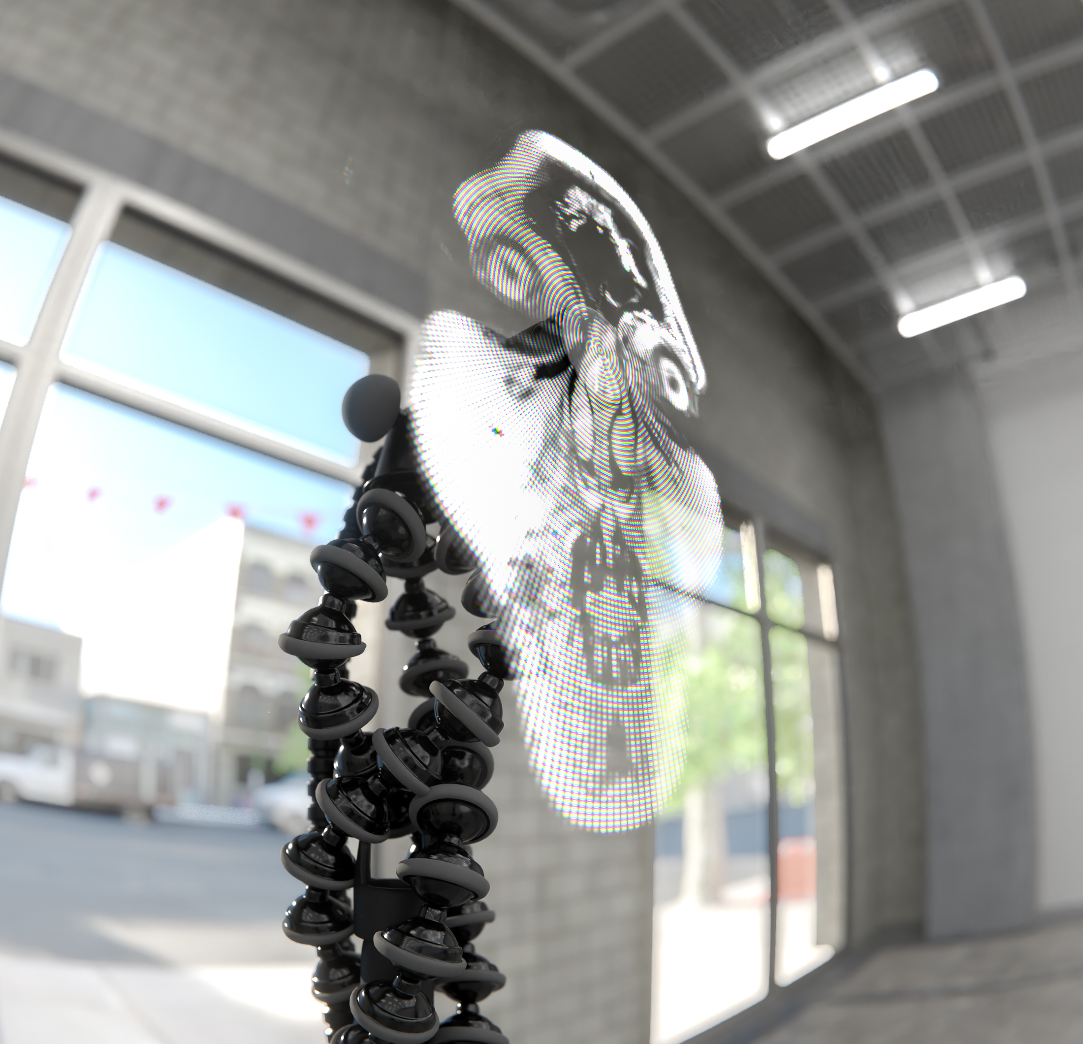 Subhuman fever (detail), 2021, holographic fan, gorillapods, tripod, media player, cables, flexible conduits, 62 x 18 x 18 in. (158 x 46 x 46 cm)