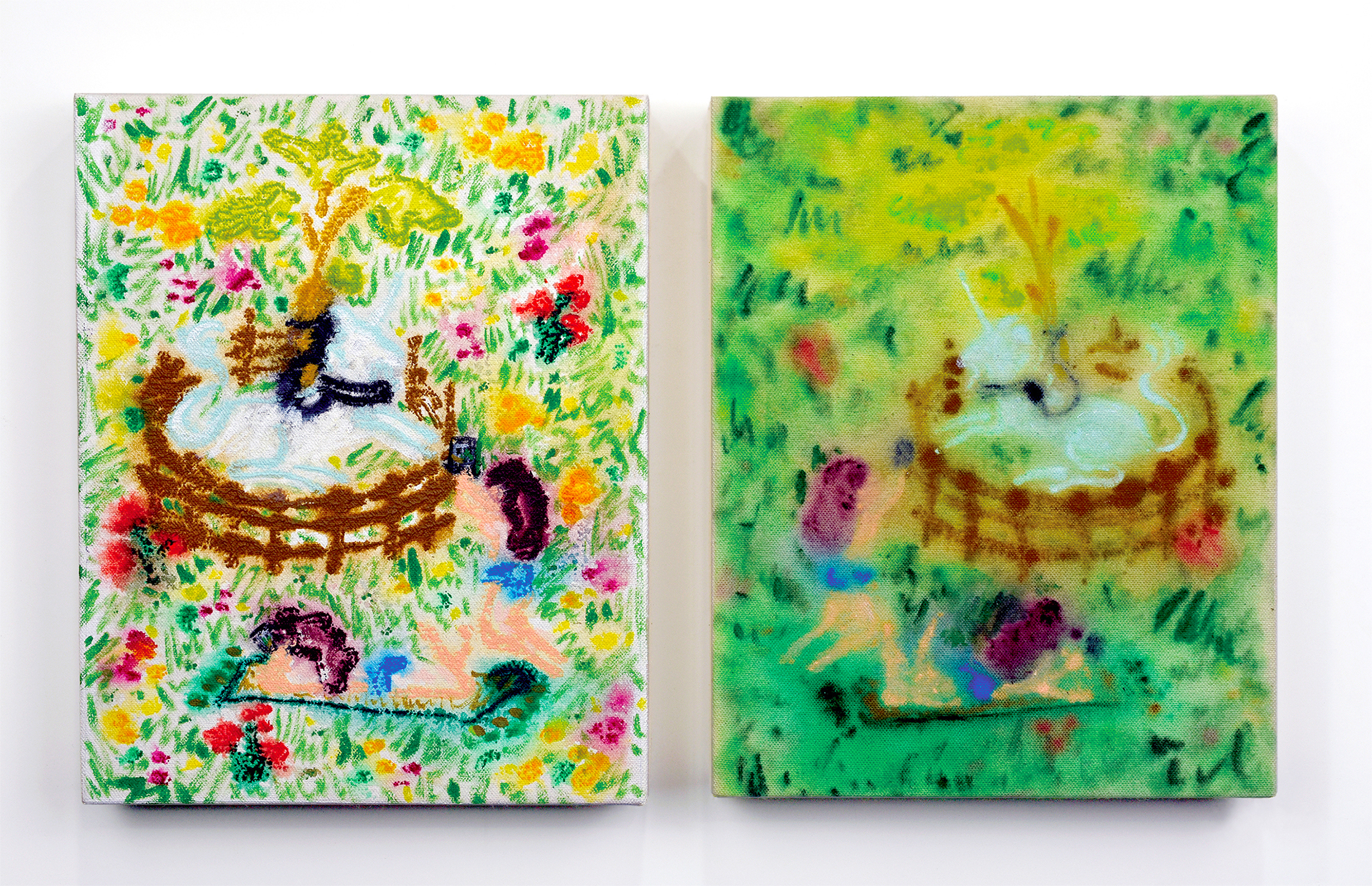 A Unicorn Two Ways, 2019, 8&rdquo; x 10&rdquo; each, 8&rdquo; x 21&rdquo;, installed acrylic on canvas